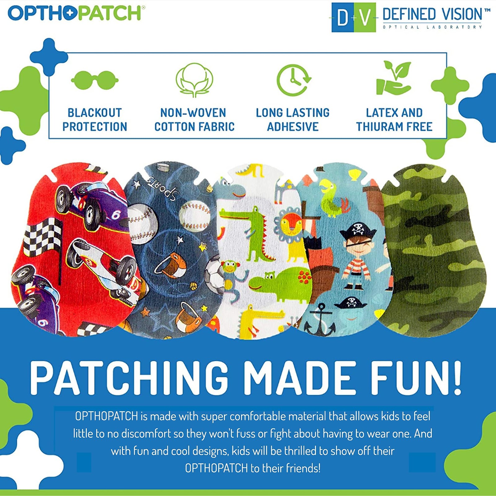 Opthopatch Eye Patches For Infants – Extra Sensitive Adhesive – Boys Design