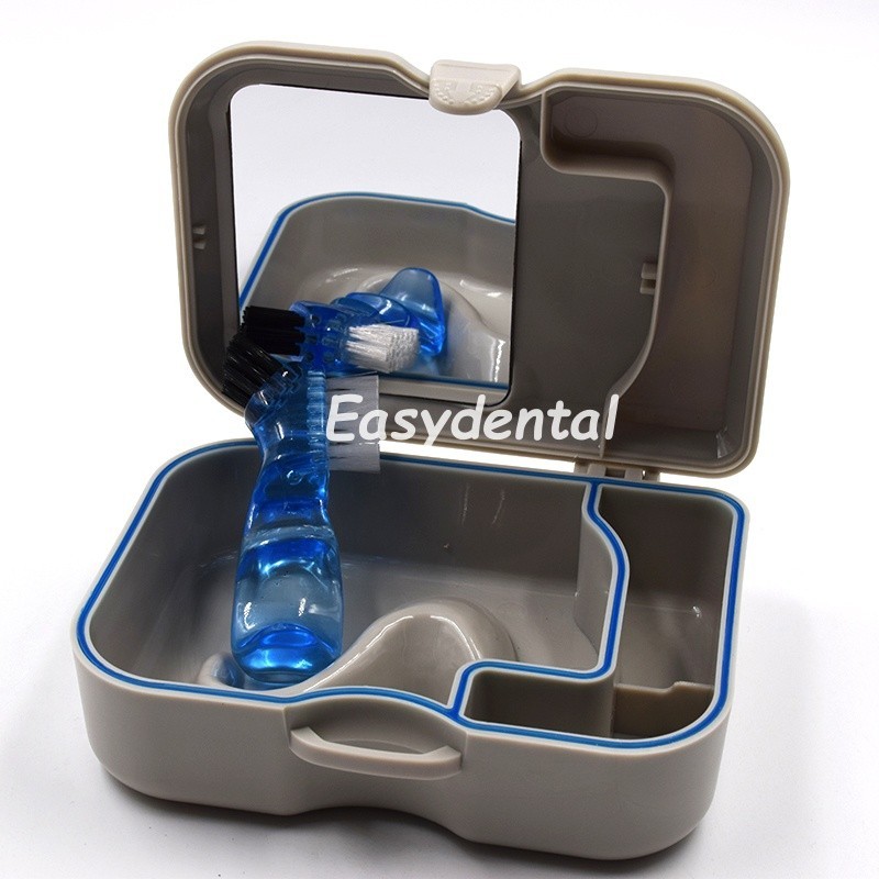 1 Pcs Denture Storage Box With Mirror and Clean Brush Case Dental Retainer Box