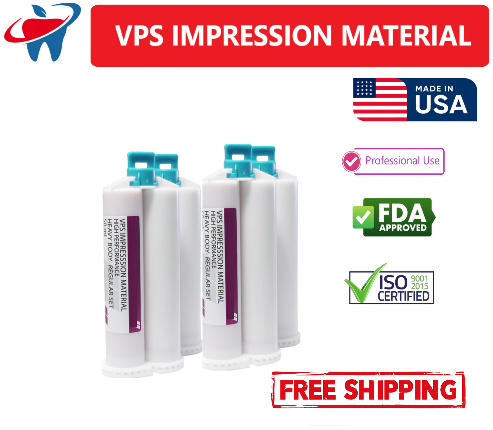 4/Box Dental VPS Impression Material Heavy Body Medium Light Fast Set, Made USA