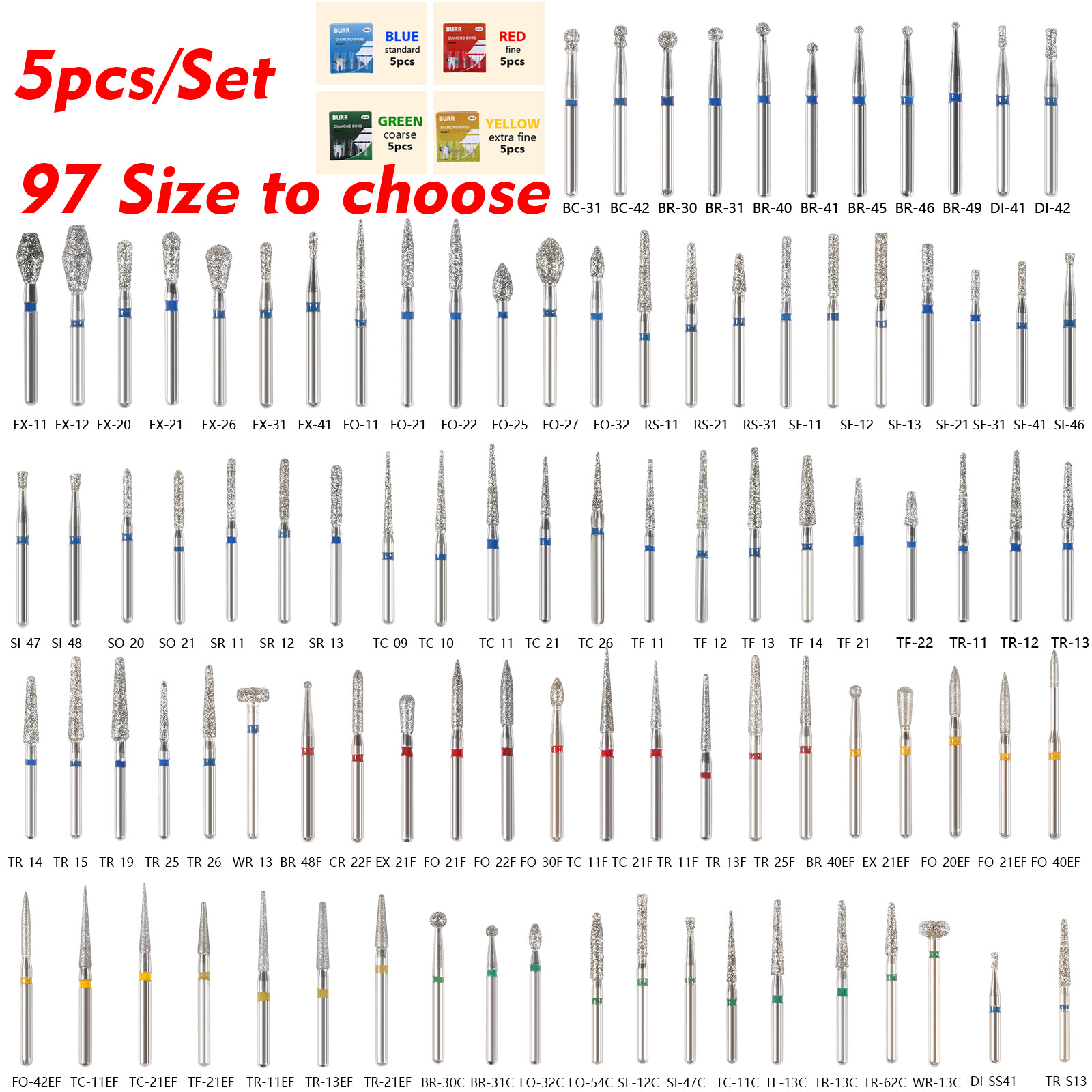 100pcs Dental Super Coarse Diamond FG Burs for High Speed Handpiece 97Sizes