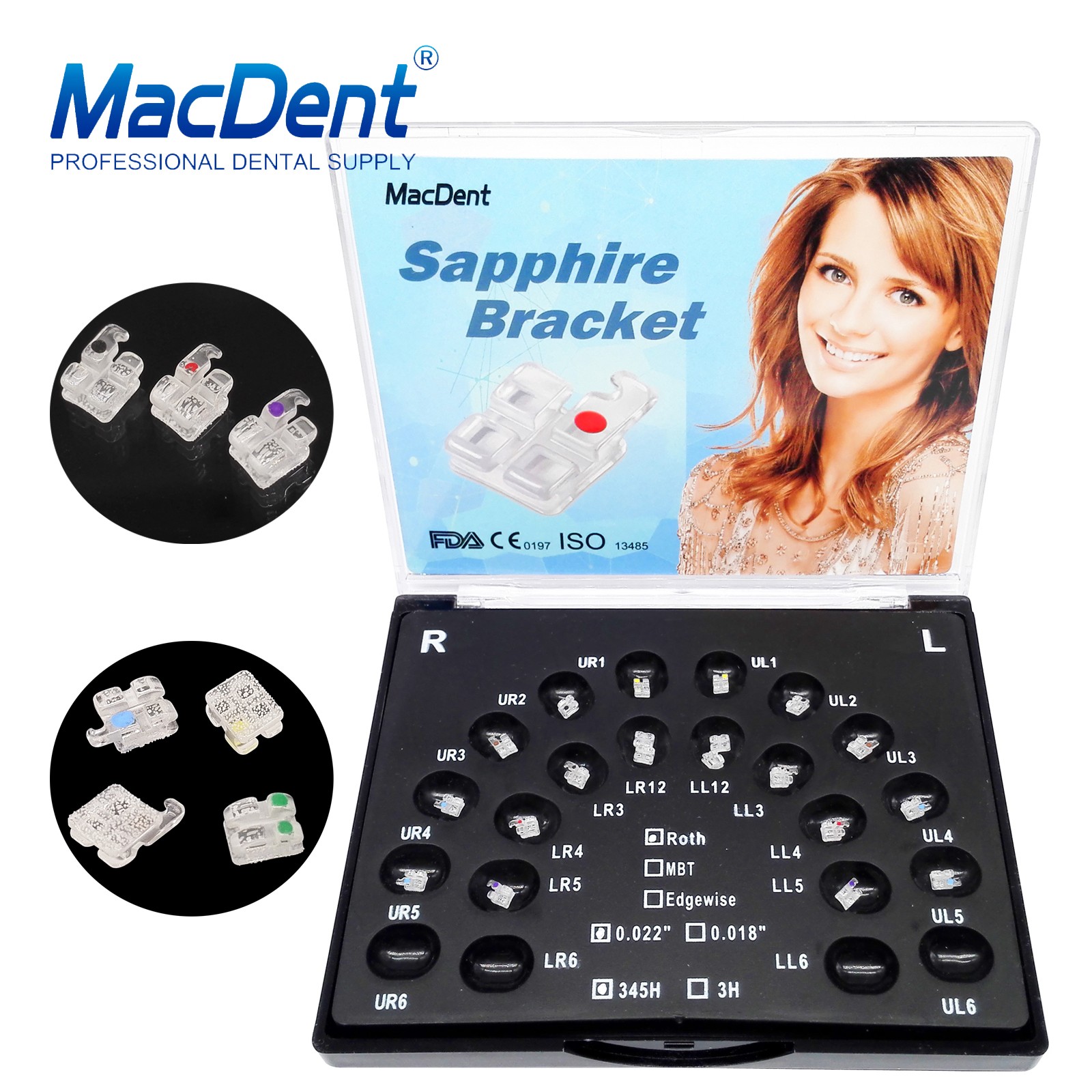 Dental Orthodontic Bracket Ceramic Sapphire Crystal Clear Brace Roth/MBT 022 345