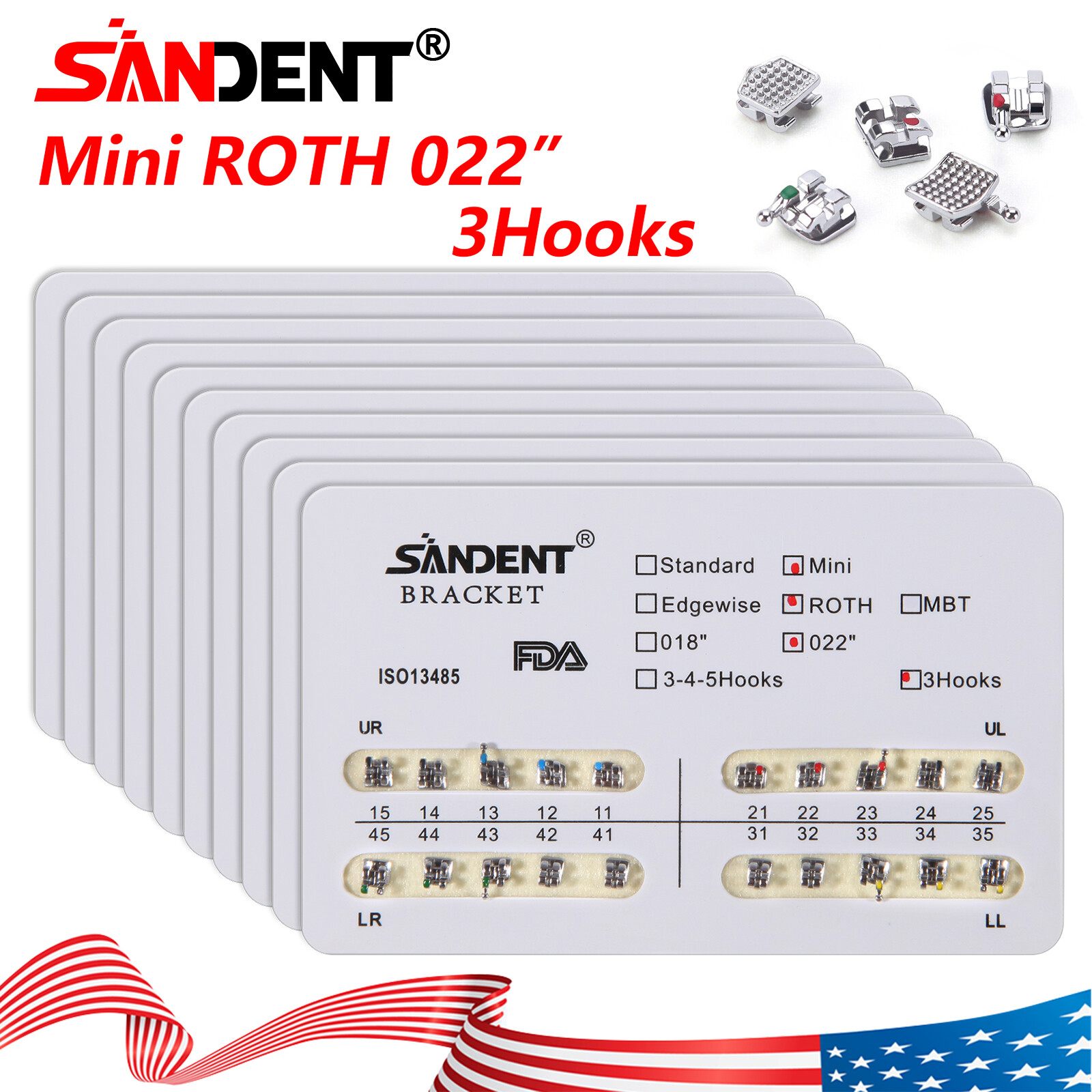 200Pcs Dental Ortho Brackets Braces Mini Roth Slot.022 3-Hooks Metal #3
