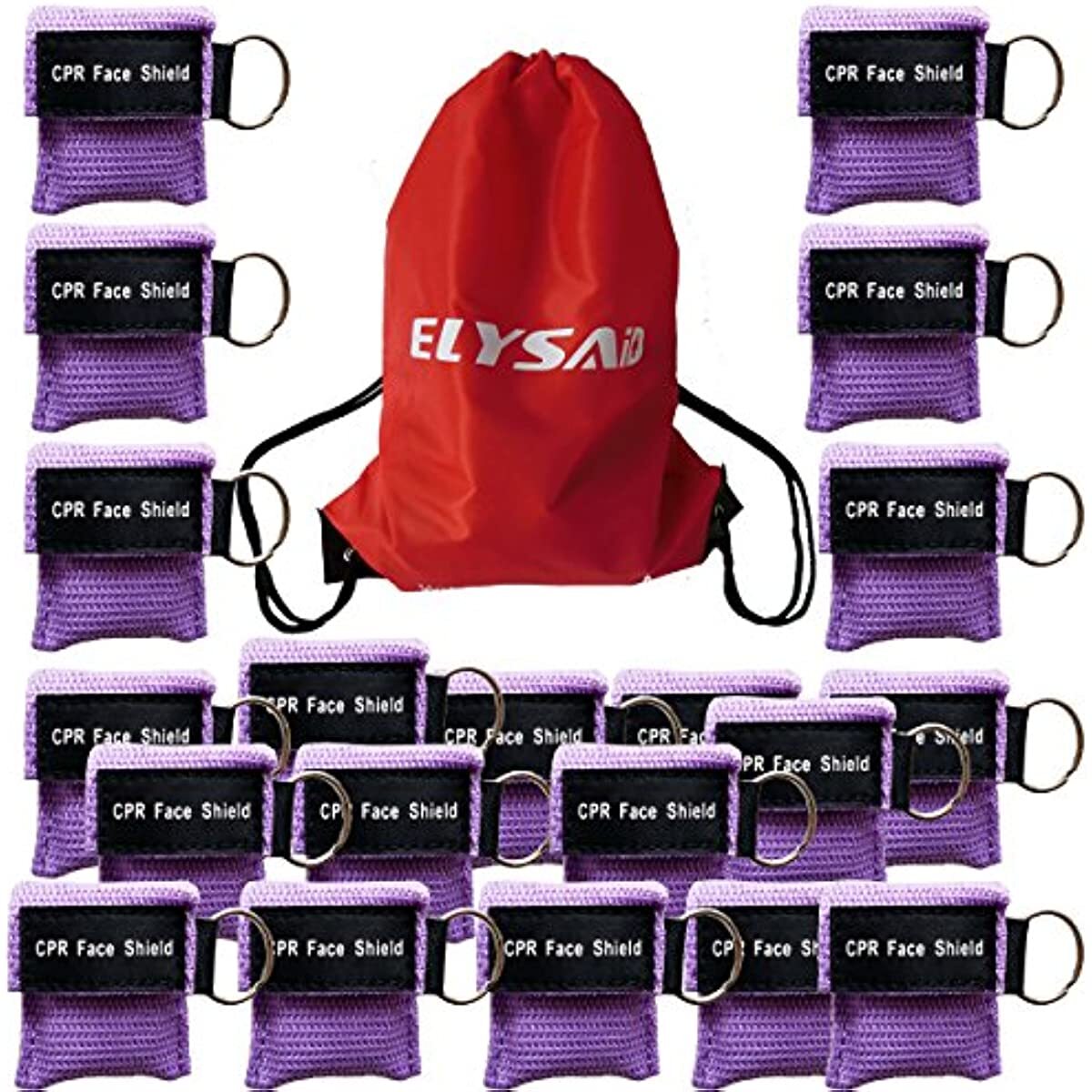 100 CPR Face Shield Mask with Purple Keychain Pouch for AED CPR Training Course
