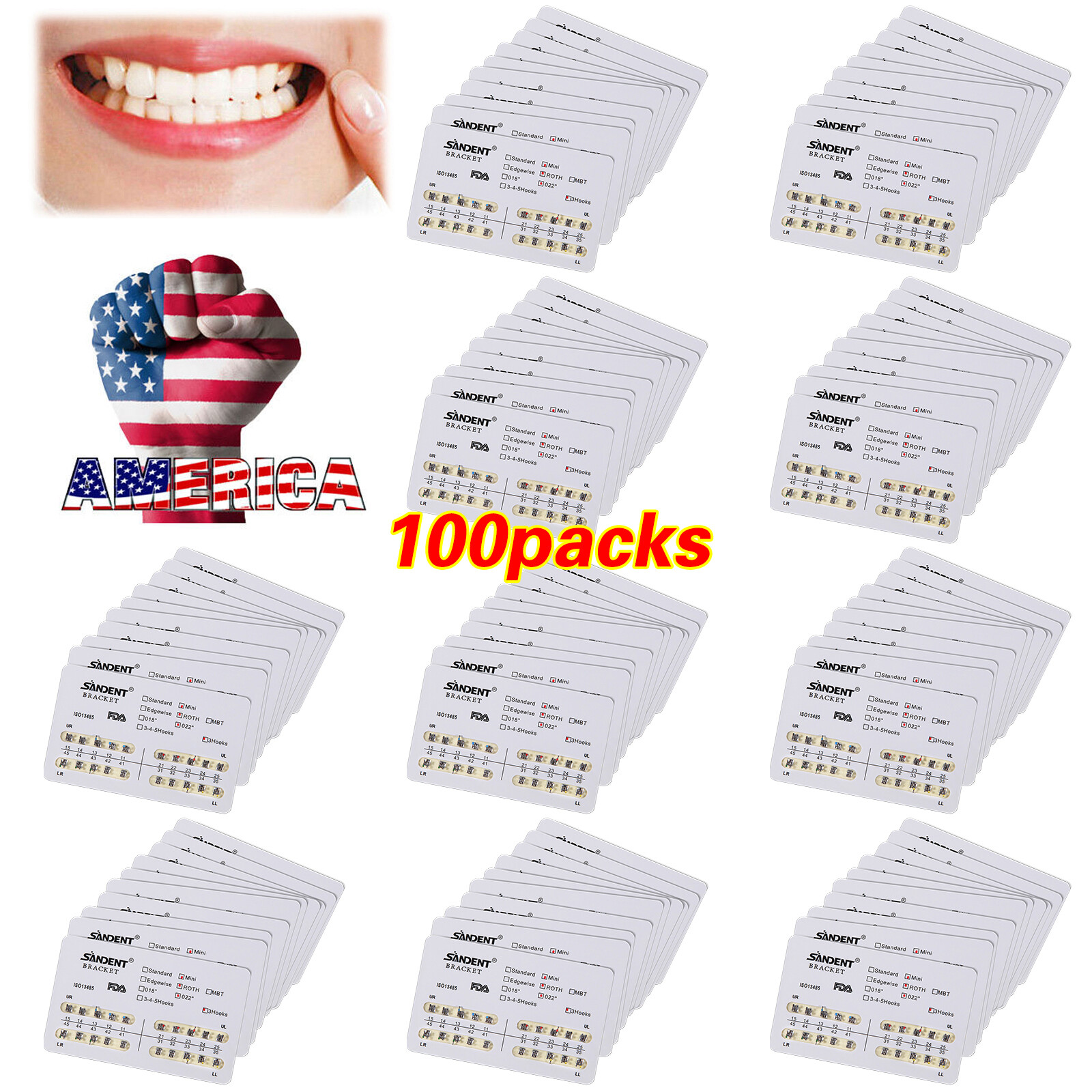 10-100 Packs Dental Brackets Brace Mini Roth.022 Slot 3Hooks Orthodontic SANDENT