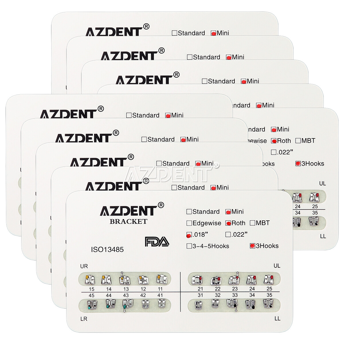 AZDENT Dental Ortho Brackets Braces Mini/Standard Roth/MBT 018/022 3/Hooks 3-4-5