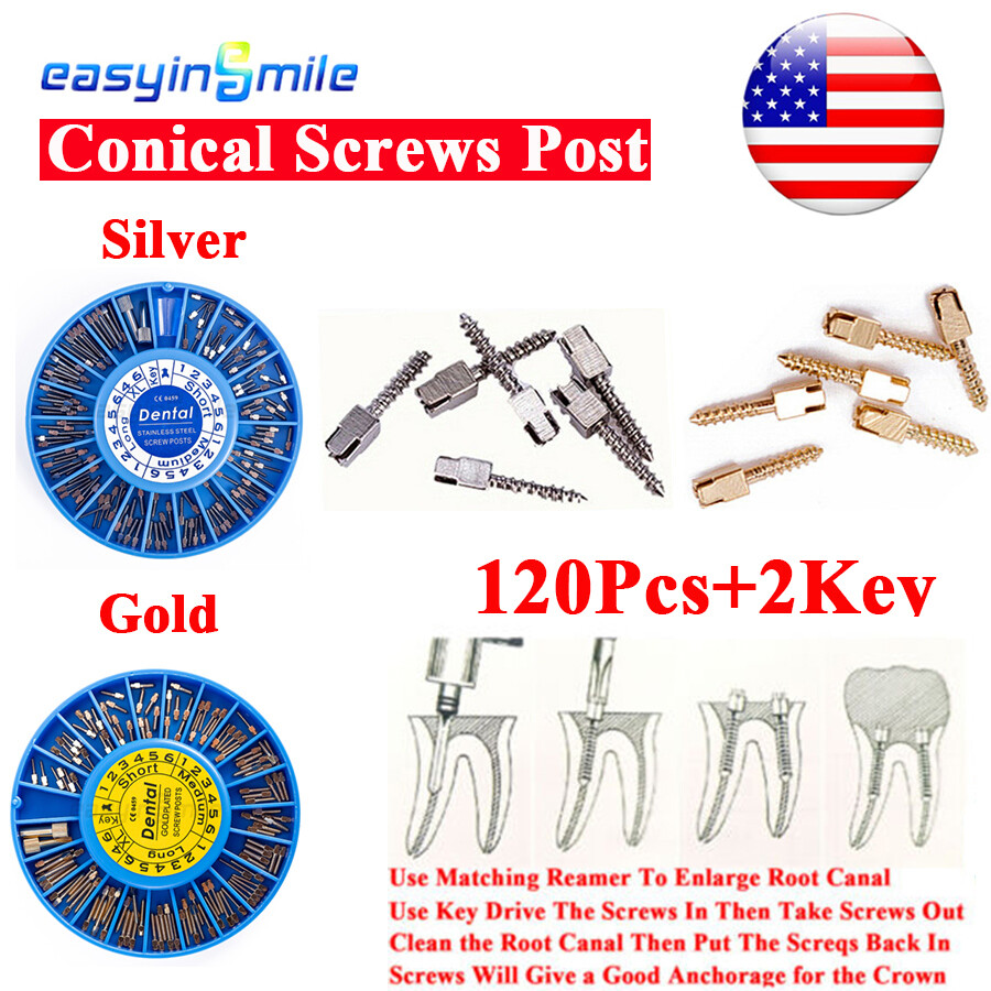 Dental Endodontic Conical Screw Posts Kits Refill Gold/Silver Plated+2Key 120Pcs