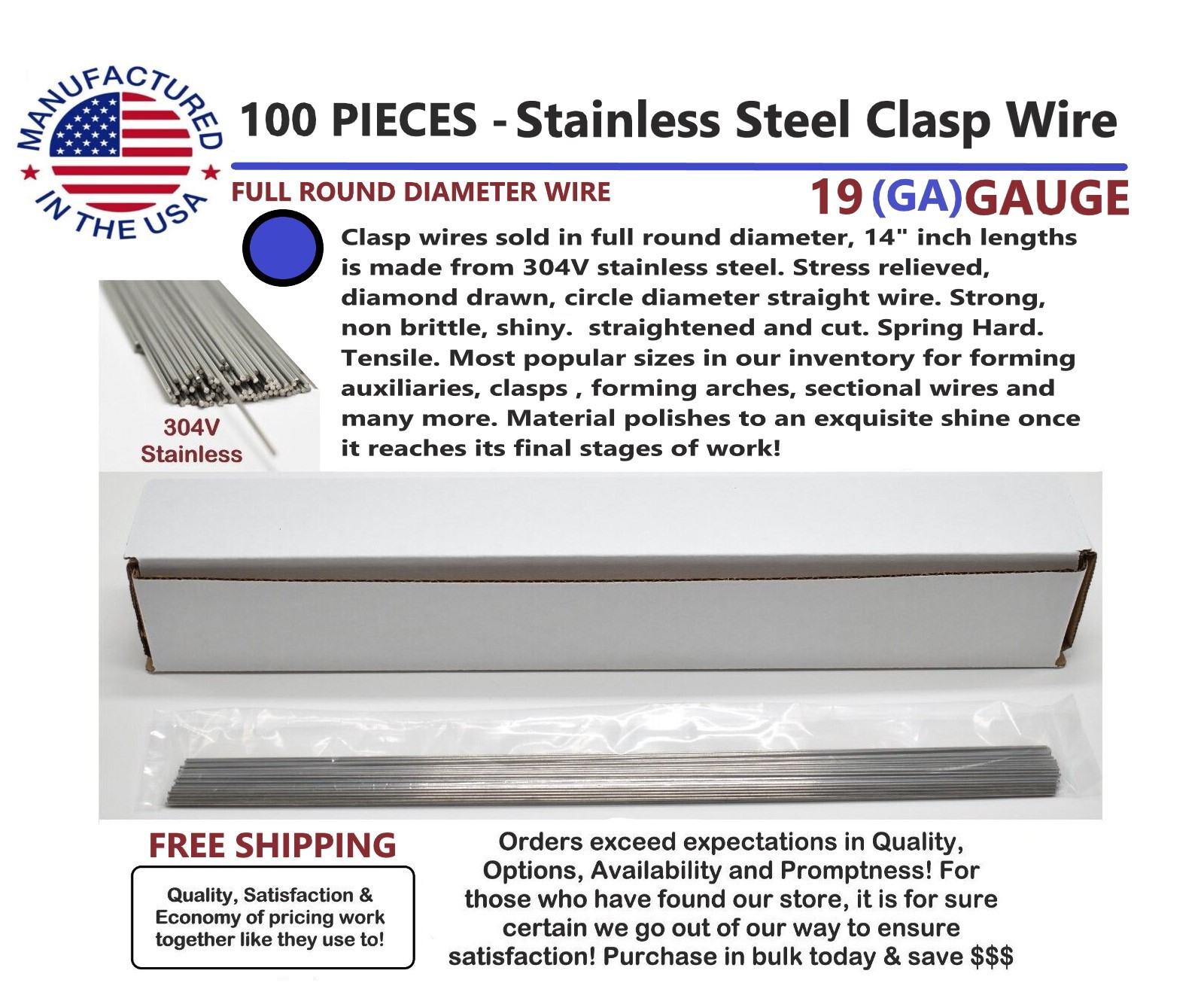 14 inch FULL ROUND Dental Stainless Steel Clasp Wire – 19 (GA) Gauge -100 Pieces
