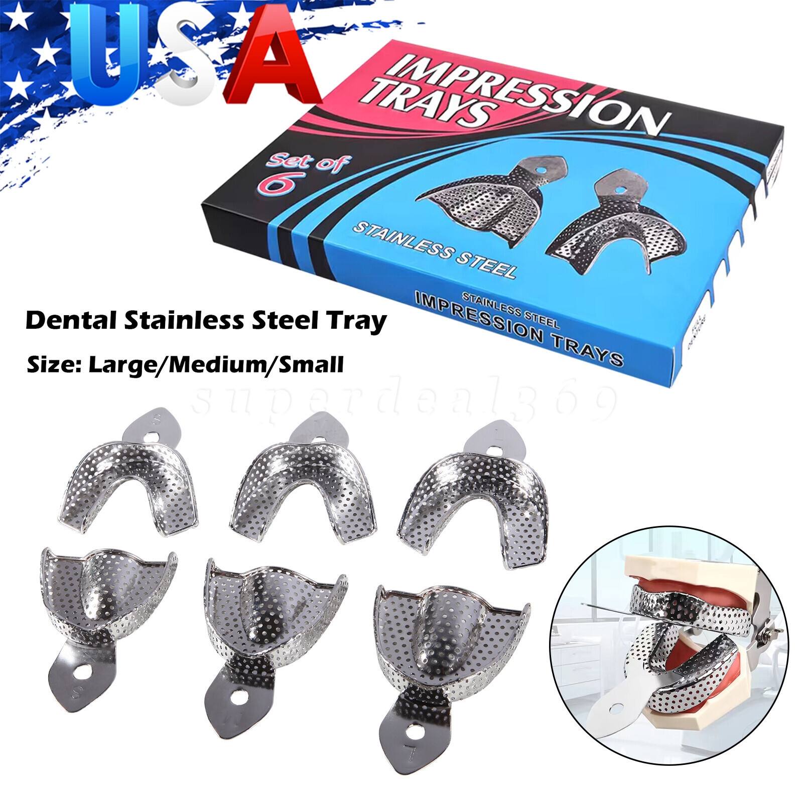 6 Dental Impression Trays PERFORATED Stainless Steel METAL Autoclavable sk
