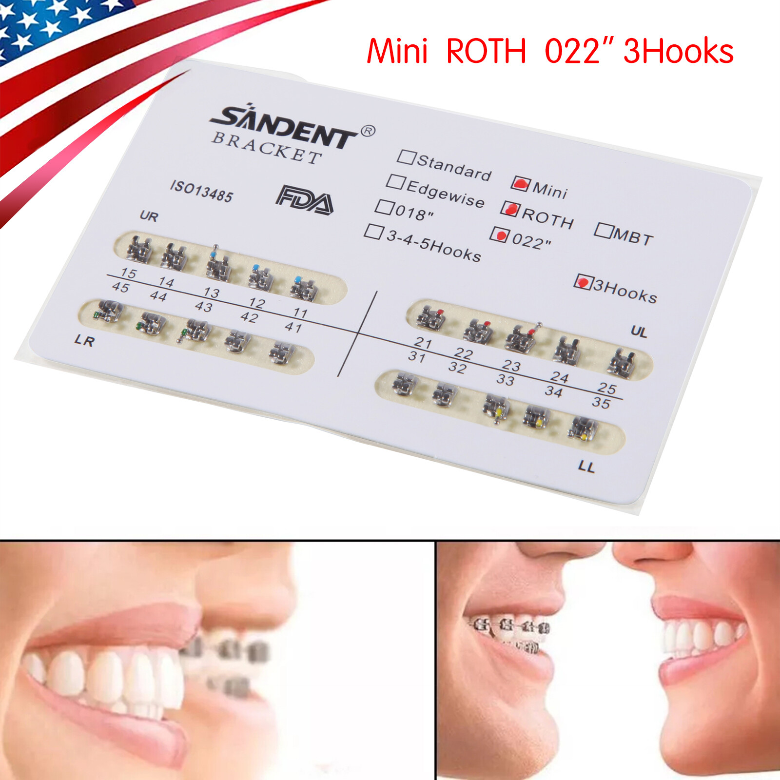 10-100 Packs Dental Brackets Brace Mini Roth.022 Slot 3Hooks Orthodontic SANDENT