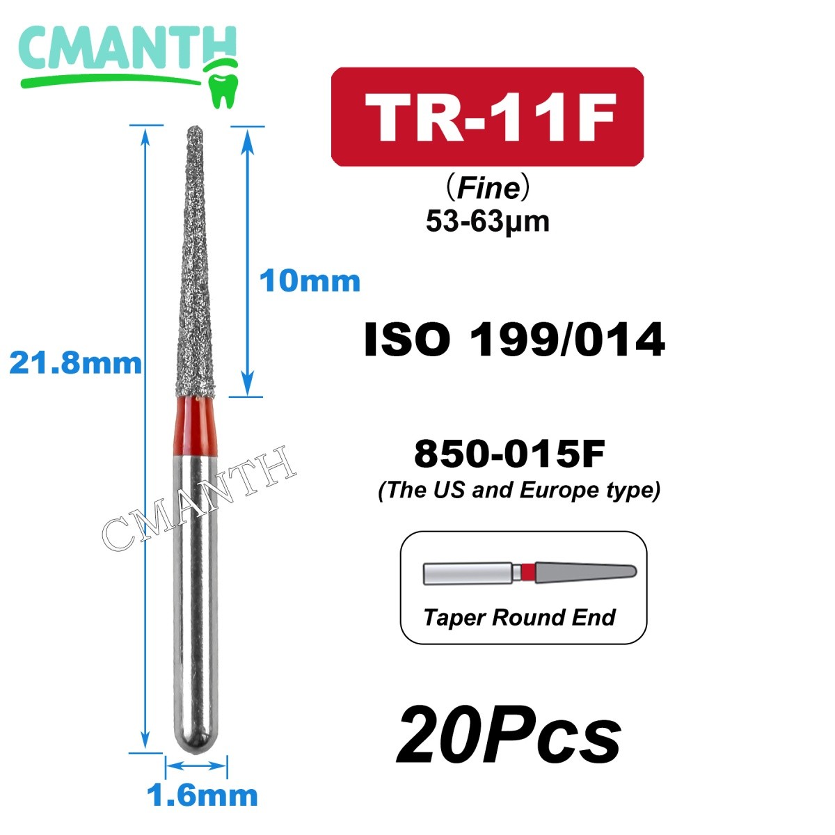 US Dental Diamond Burs FG High Speed Drills Tools TR-11F 199-014 Dia.1.6mm 20Pcs