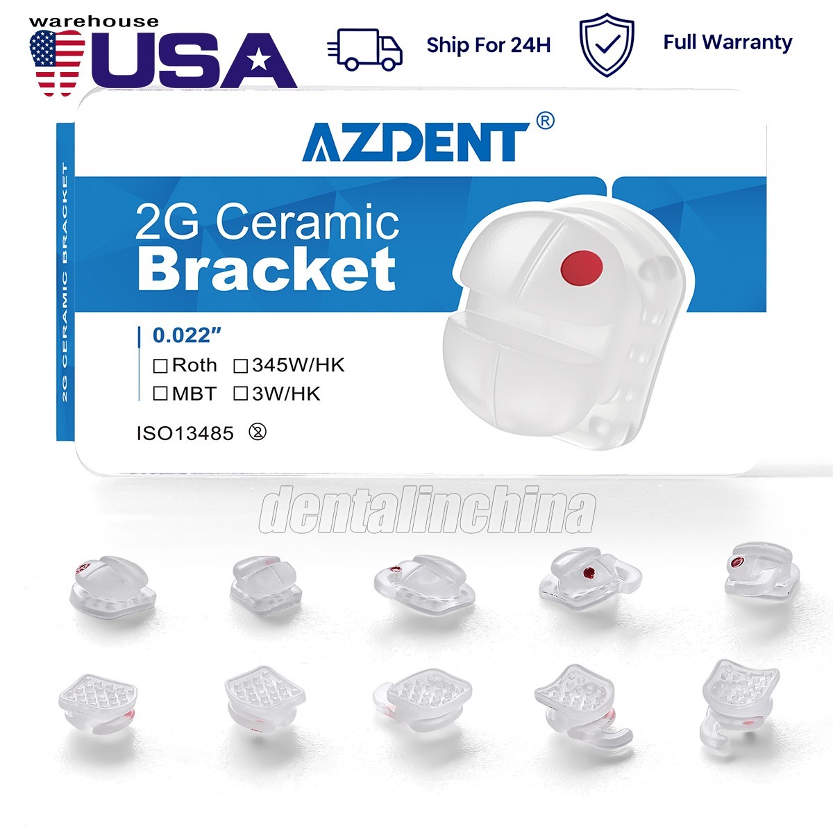 20pcs/box AZDENT Dental Orthodontic Ceramic Brackets Braces Roth 0.022 Hooks 345
