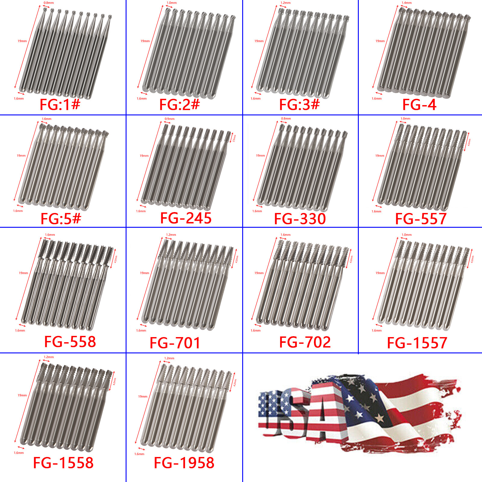 10-100pcs Dental Round Carbide Tungsten FG RA Burs For High Speed Handpiece to