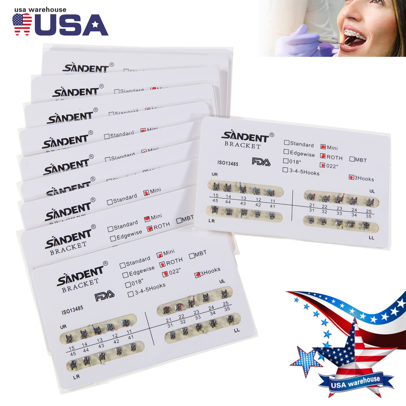 10 packs USA Dental Orthodontic Metal Bracket Braces Mini Roth 022 Slot 3 Hooks