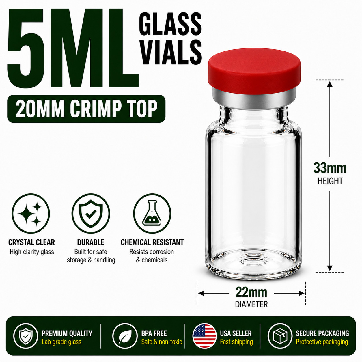 5ml Glass Vials 20mm Crimp Top w/ Rubber Plugs & Flip Off Caps Serum Lab Vials