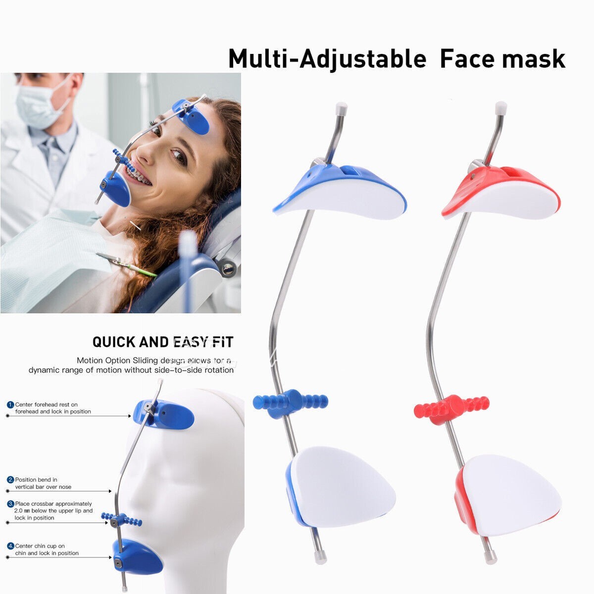 2x Dental Orthodontic Forward Reverse Pull Headgear Facemask Adjustable Red Blue