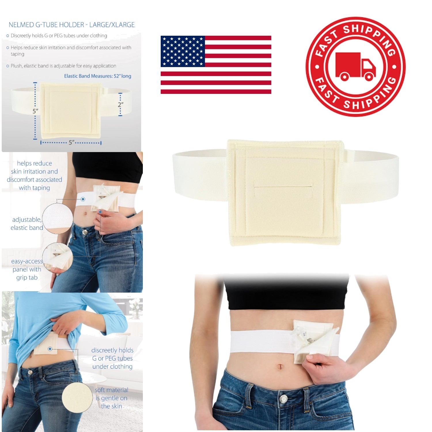 Soft Fabric Feeding Tube Holder Large XLarge 46 60 Inch Waist for Sensitive Skin