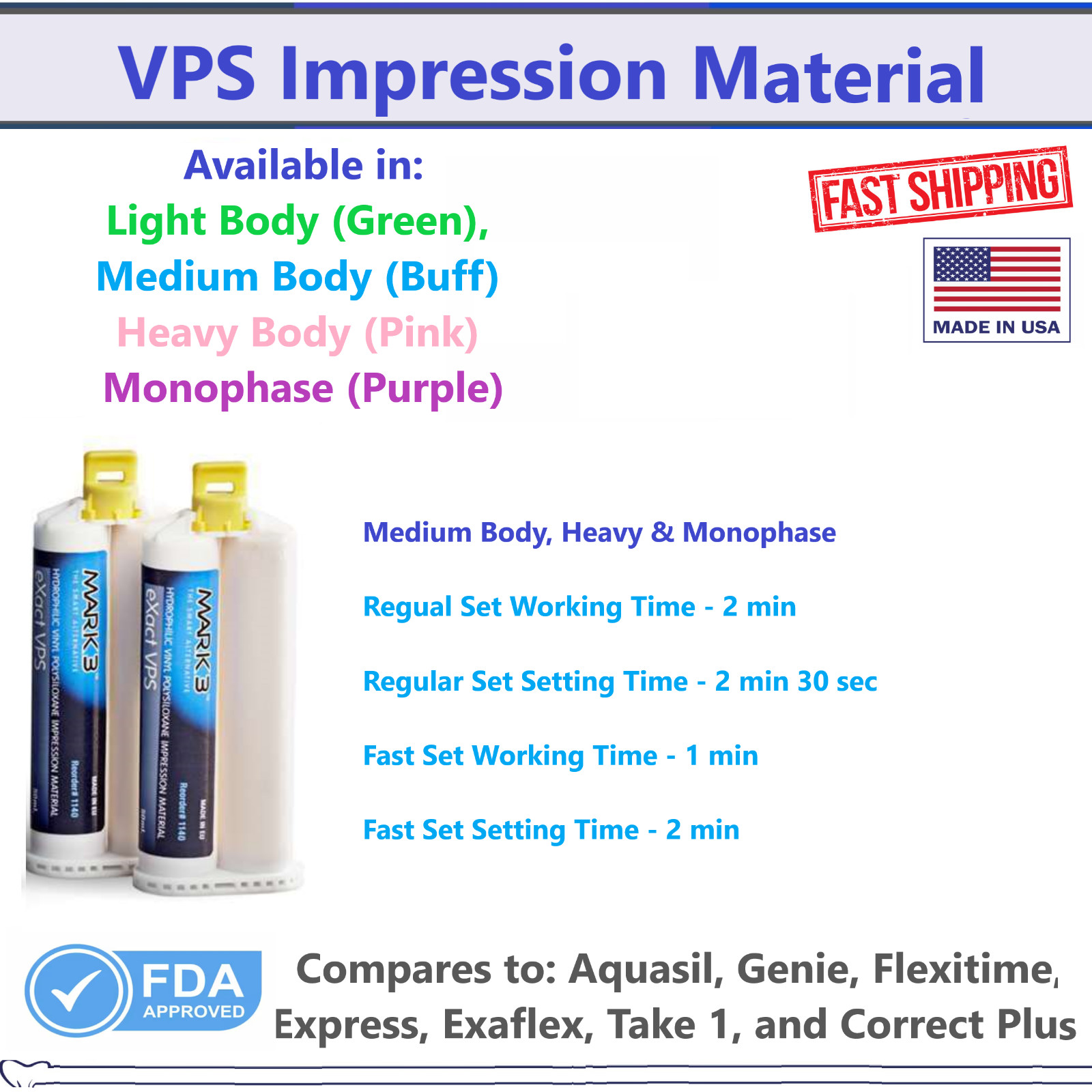 Dental Heavy Body Fast Set VPS Impression Material Medium Body Regular Set 50Ml
