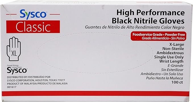Sysco Classic Black Nitrile Extra Large Gloves Box, 100 Count