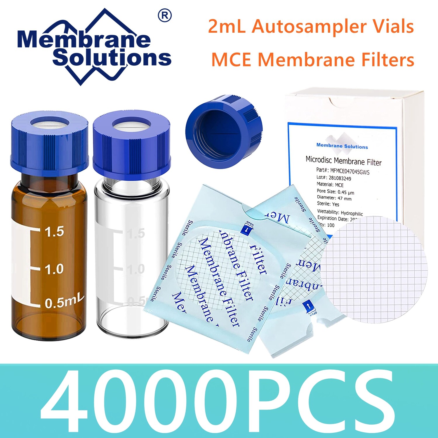 4000pcs 2mL Clear/Amber Vials Pre-slit 9-425 Caps, MCE Gridded Membrane Filters