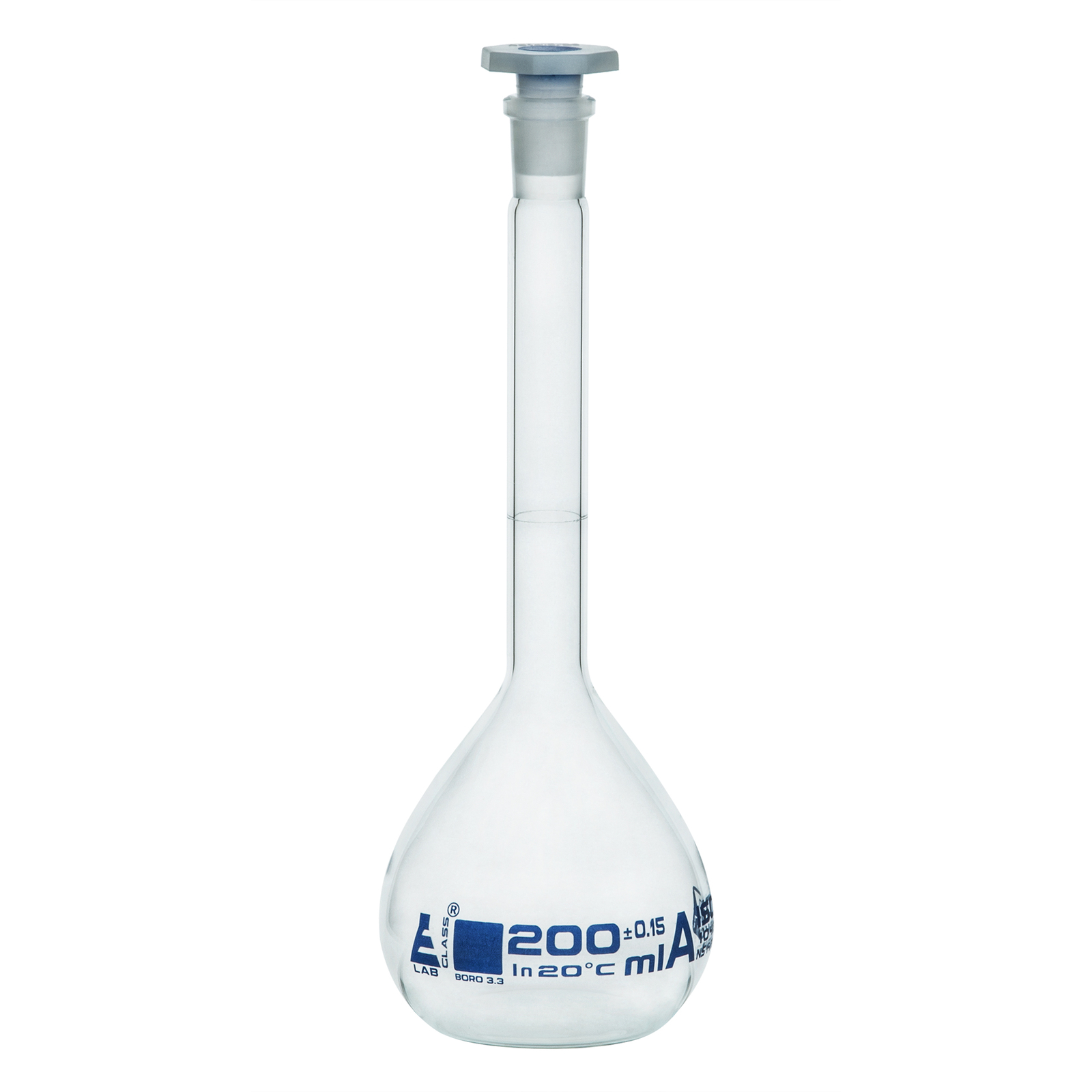 Eisco Labs 200ml Volumetric Flask with 14/23 Stopper, Class A Borosilicate Glass