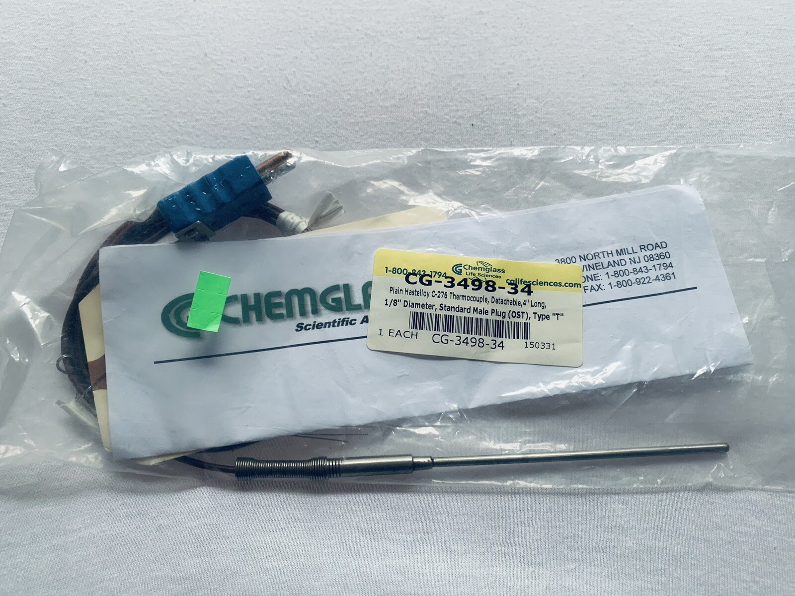 Chemglass Thermocouple CG-3498-34 ~ 4″ inch 1/8″ Type T C-276 Thermocouple