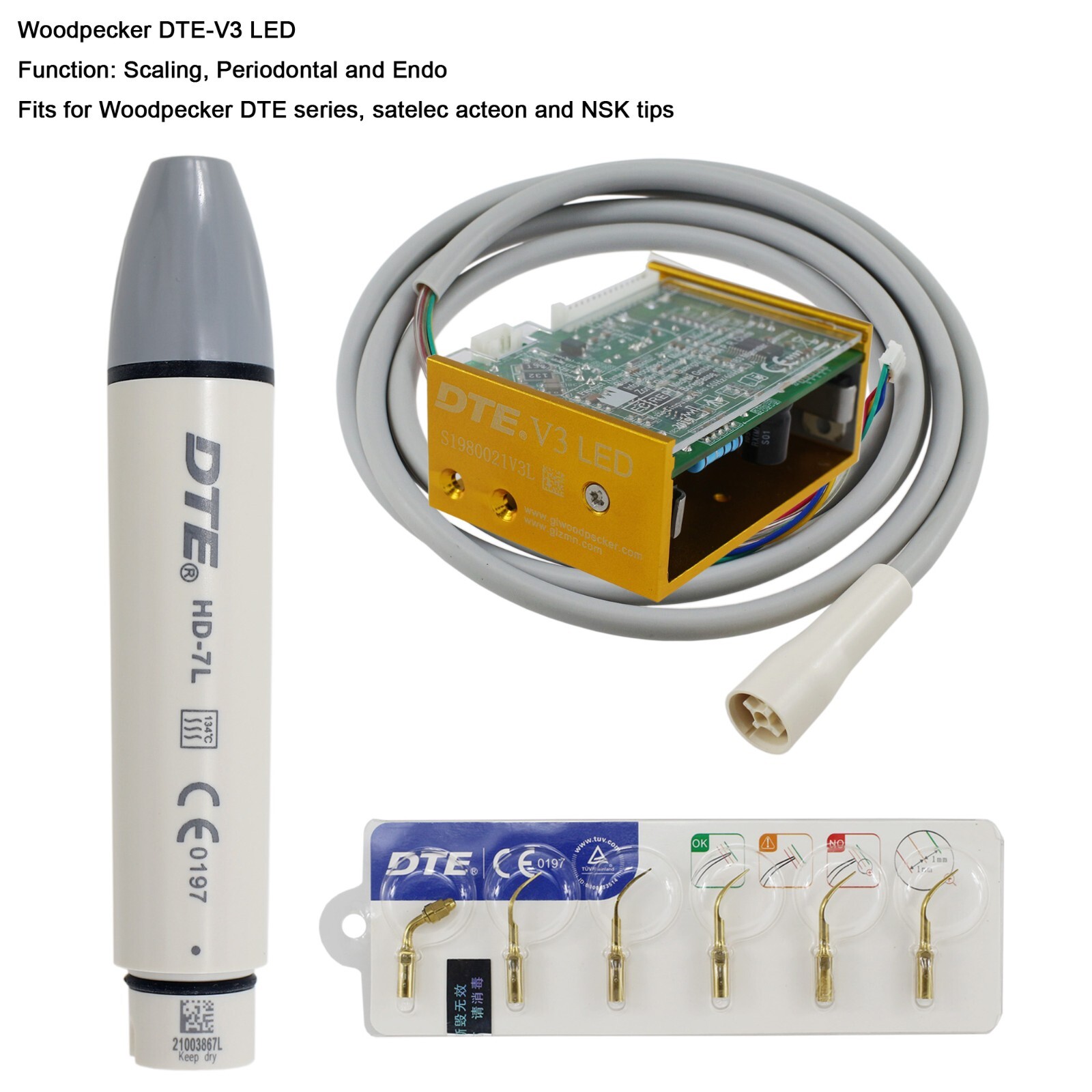 Woodpecker DTE Ultrasonic Scaler HD-7L LED Handpiece ACTEON Piezo Tips DTE-V2 V3