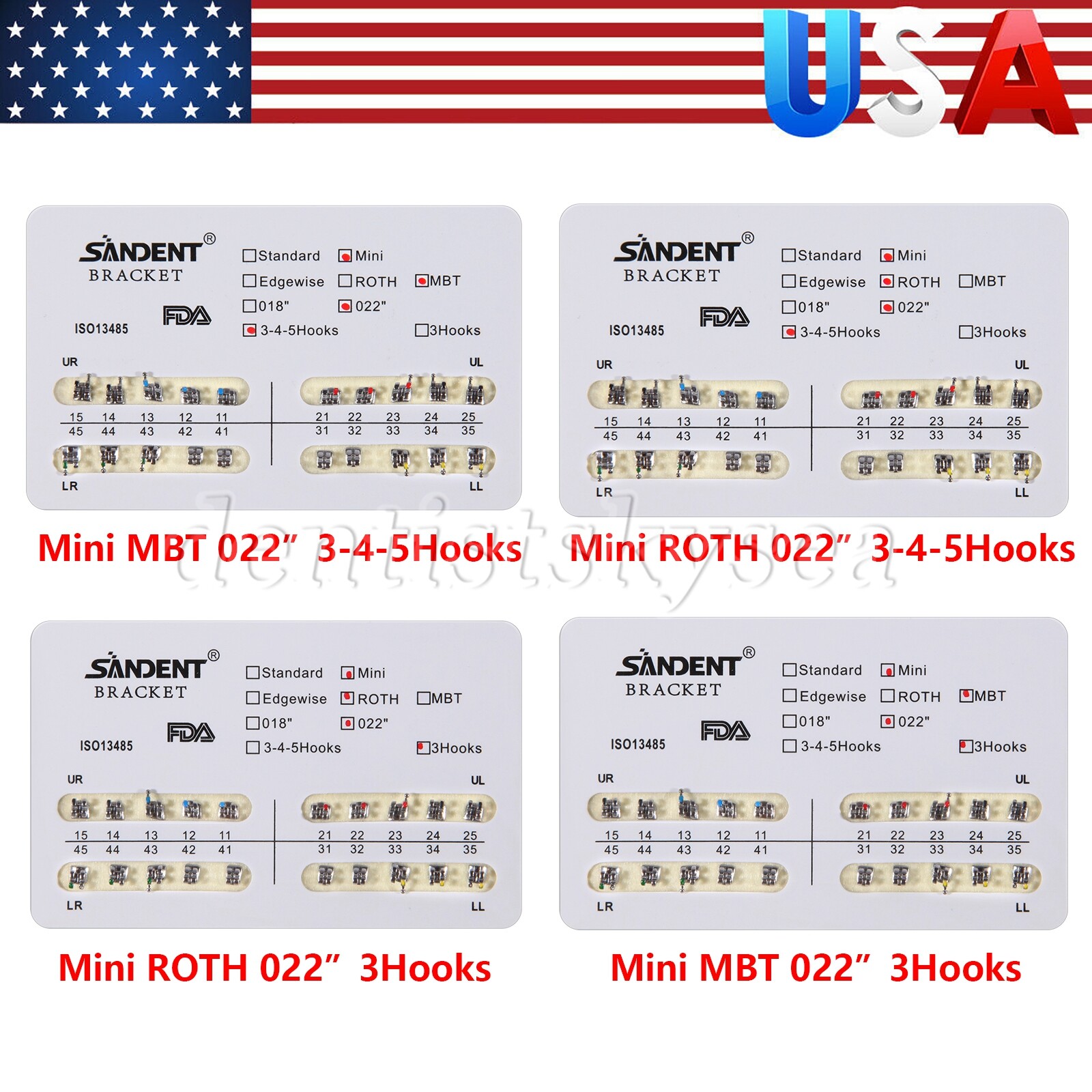 10-100Pack Orthodontic Dental Brackets Braces Mini Roth MBT.022 Slot Hooks 345/3