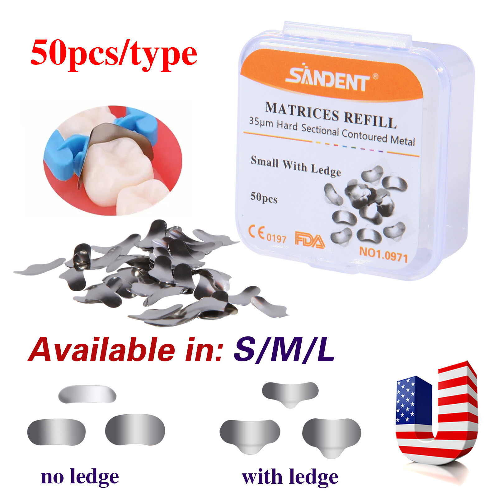 50×Dental Matrices Sectional Contoured Metal Soft Band Matrix Refill 35μm S/M/L