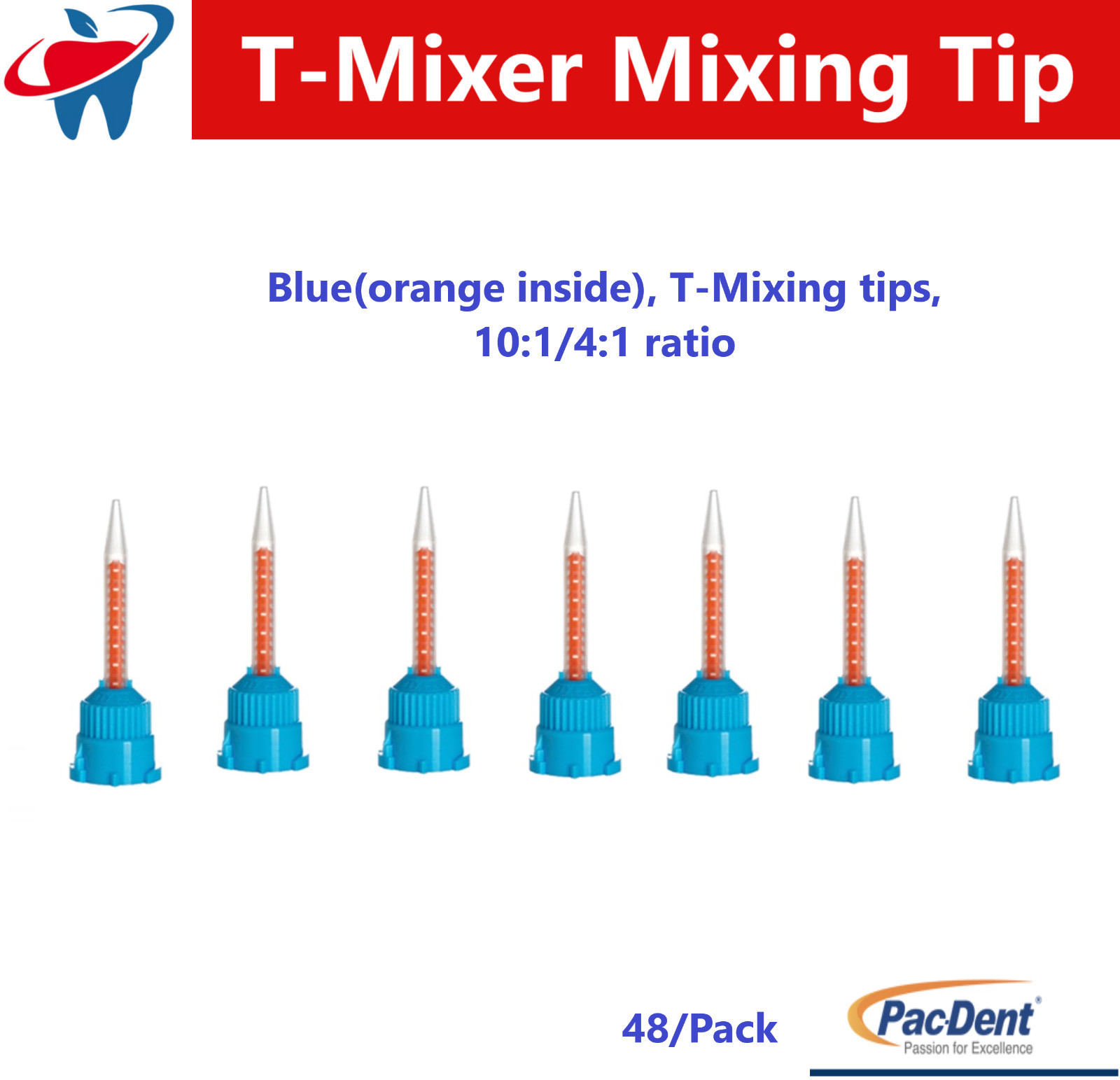 Dental T-Mixer Tips Crown & Bridge Material T-Mixing tip 10:1/4:1, 48/Pk PacDent