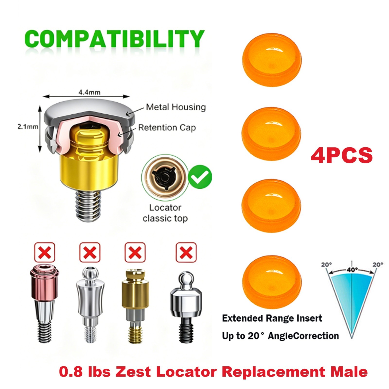 US 4Pcs Dental Locator Retention Caps 0.8/1.2/2.4lbs Extended Range Male Inserts