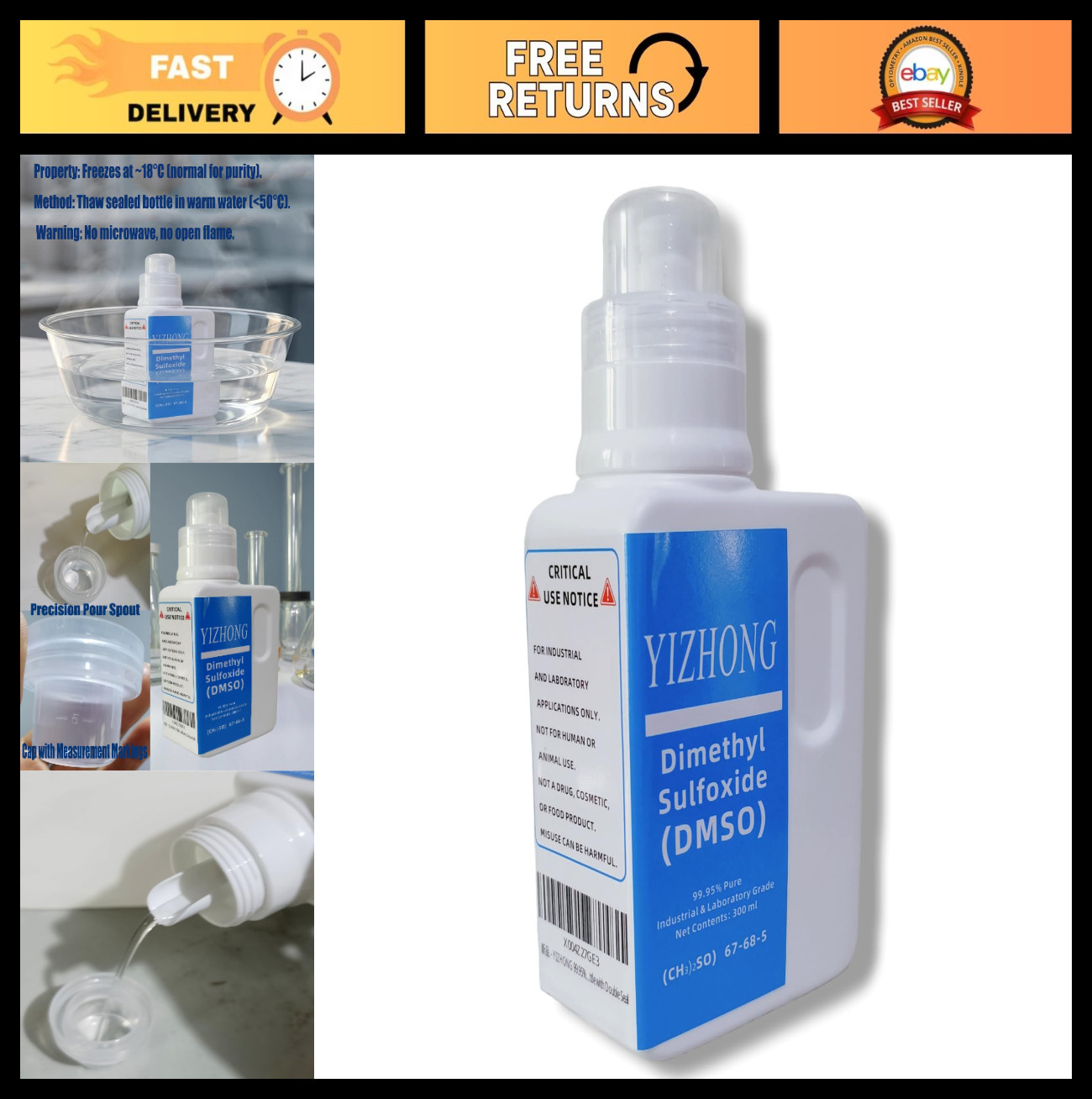 99.95% Pure Dimethyl Sulfoxide DMSO – Industrial Laboratory Grade Solvent 300ml