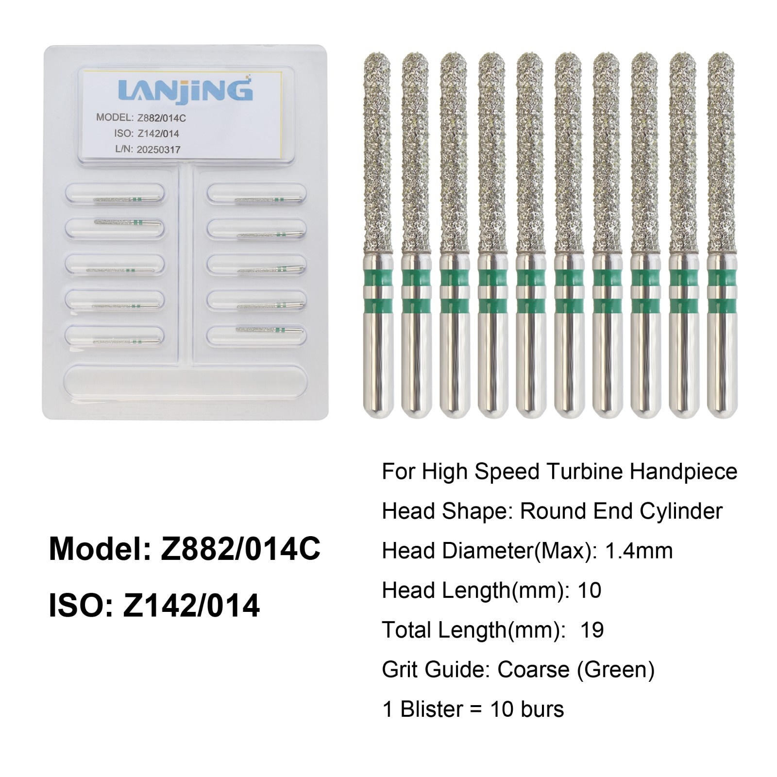 Dental Zirconia Cutting Burs Diamond Burs FG Round End Cylinder Coarse Z882/014C
