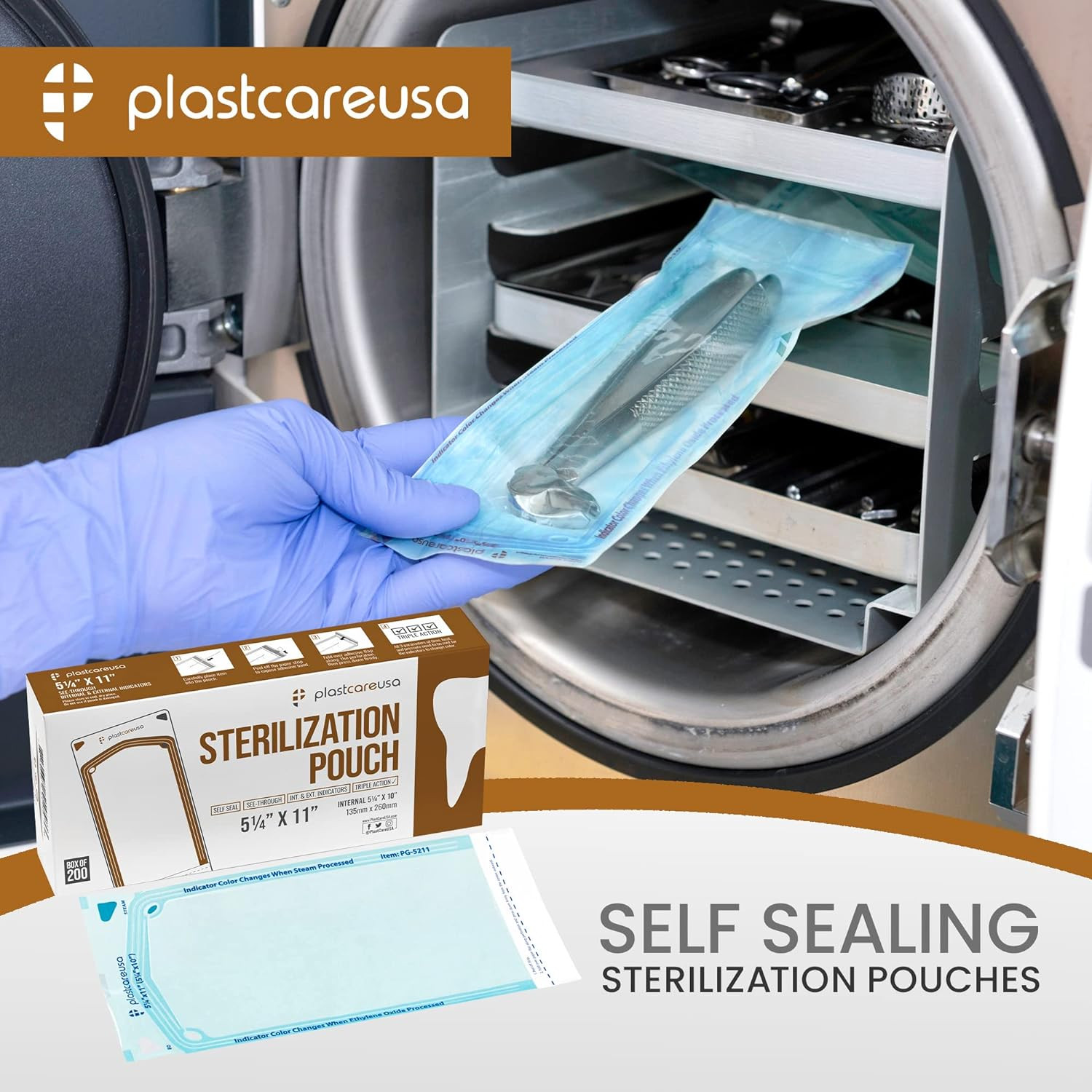 200 5.25 X 10 Self-Sterilization Pouches for Cleaning Tools, Autoclave Sterilize