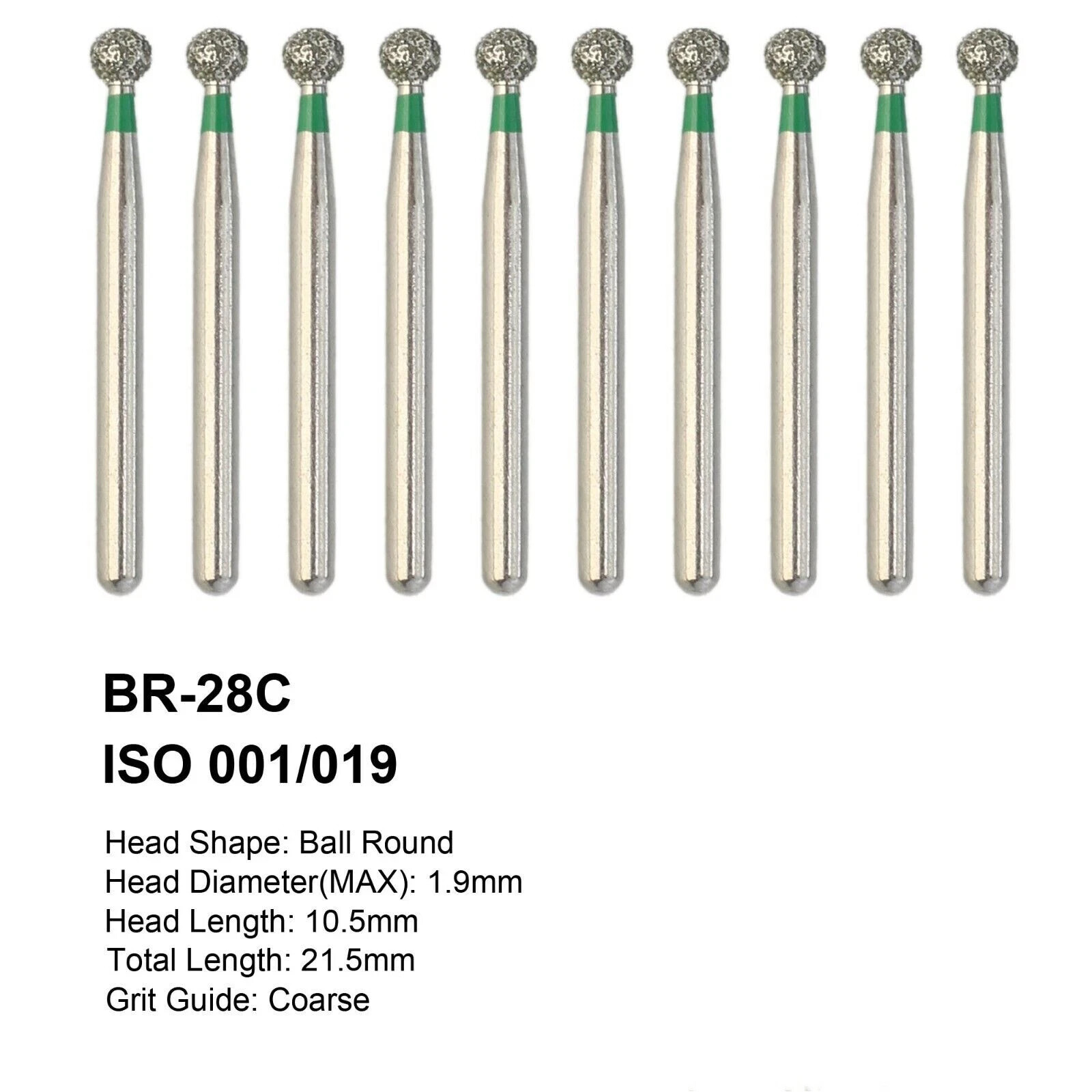 10 Pc Dental FG Long Round Ball High Speed Bur Coarse Grit Diamond Burs BR-28C ﻿