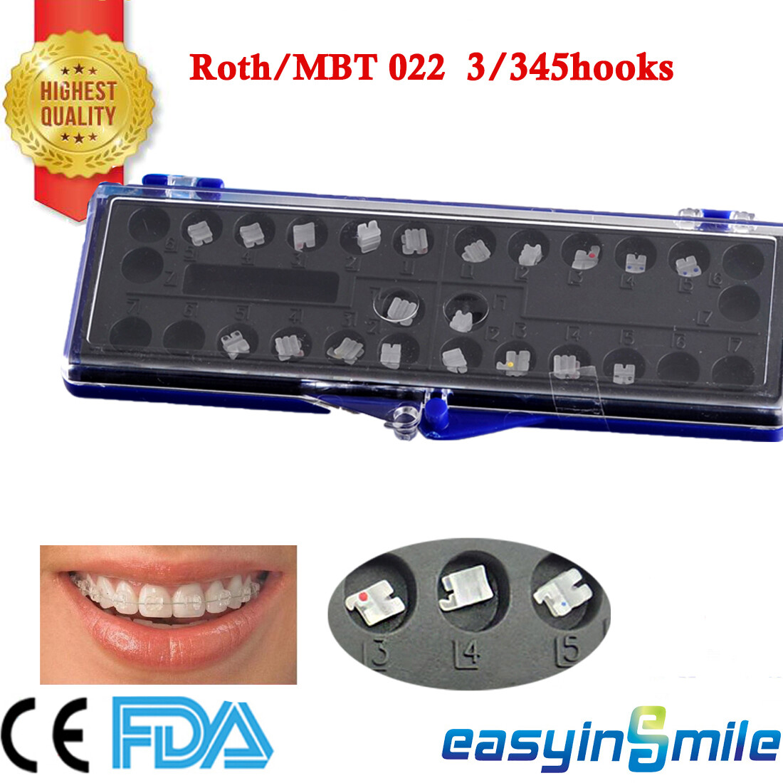1/10Pk Orthodontic Ceramic Brackets Roth/MBT 022 3/345 Hooks Dental Clear Braces