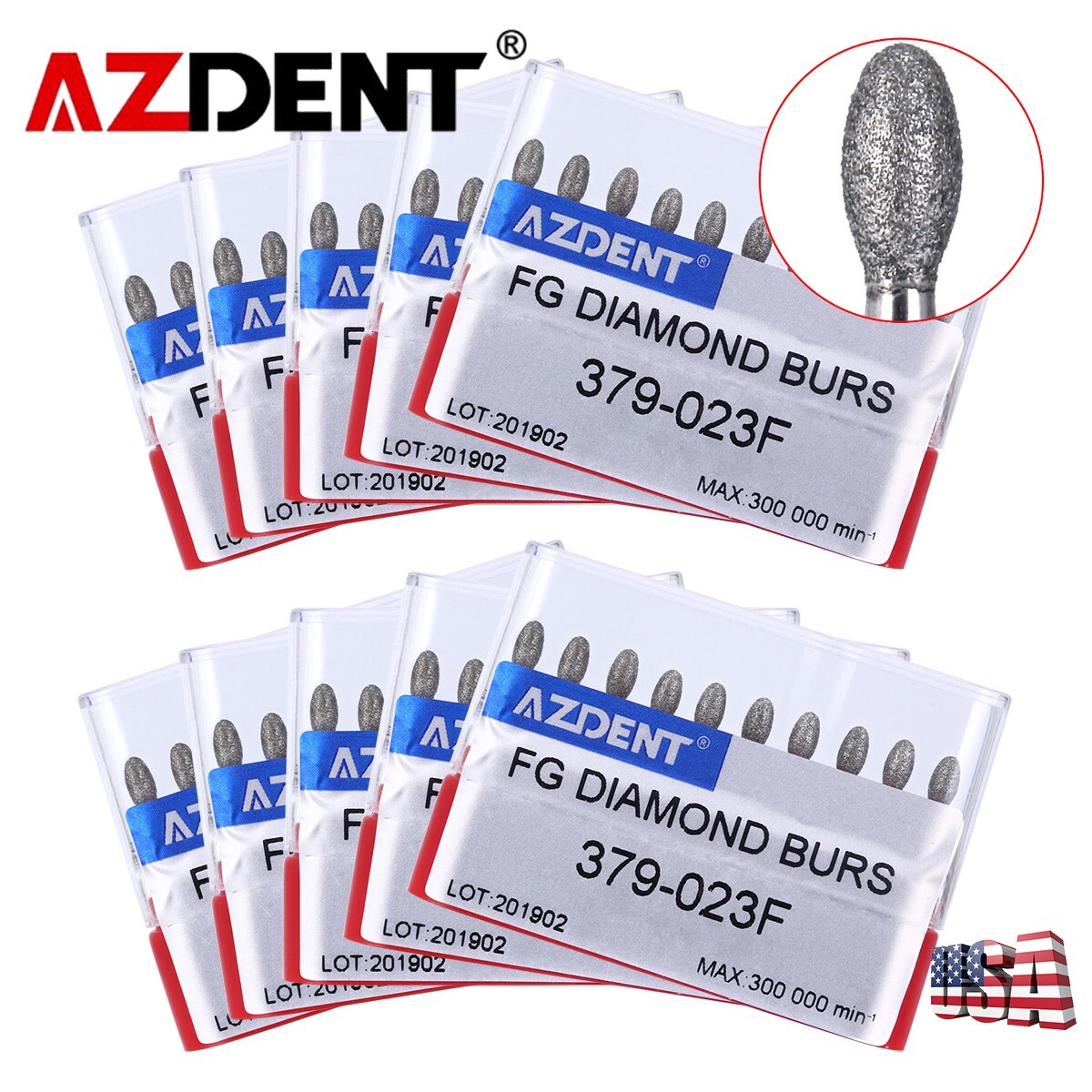 50X AZDENT Dental Diamond Burs FOOTBALL 379-023F FINE RED DEFEND Friction Grip