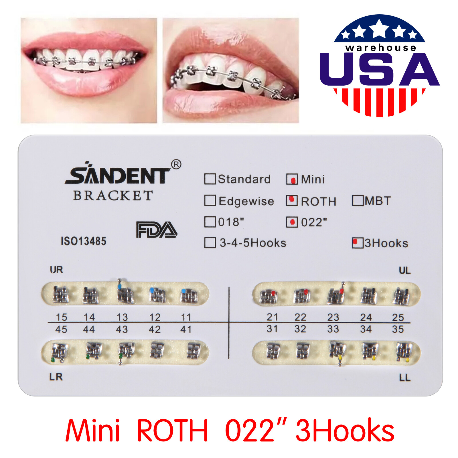 10 Packs Dental Orthodontic Brackets Braces Mini Roth 022 Slot 3 hooks #3 USA OR