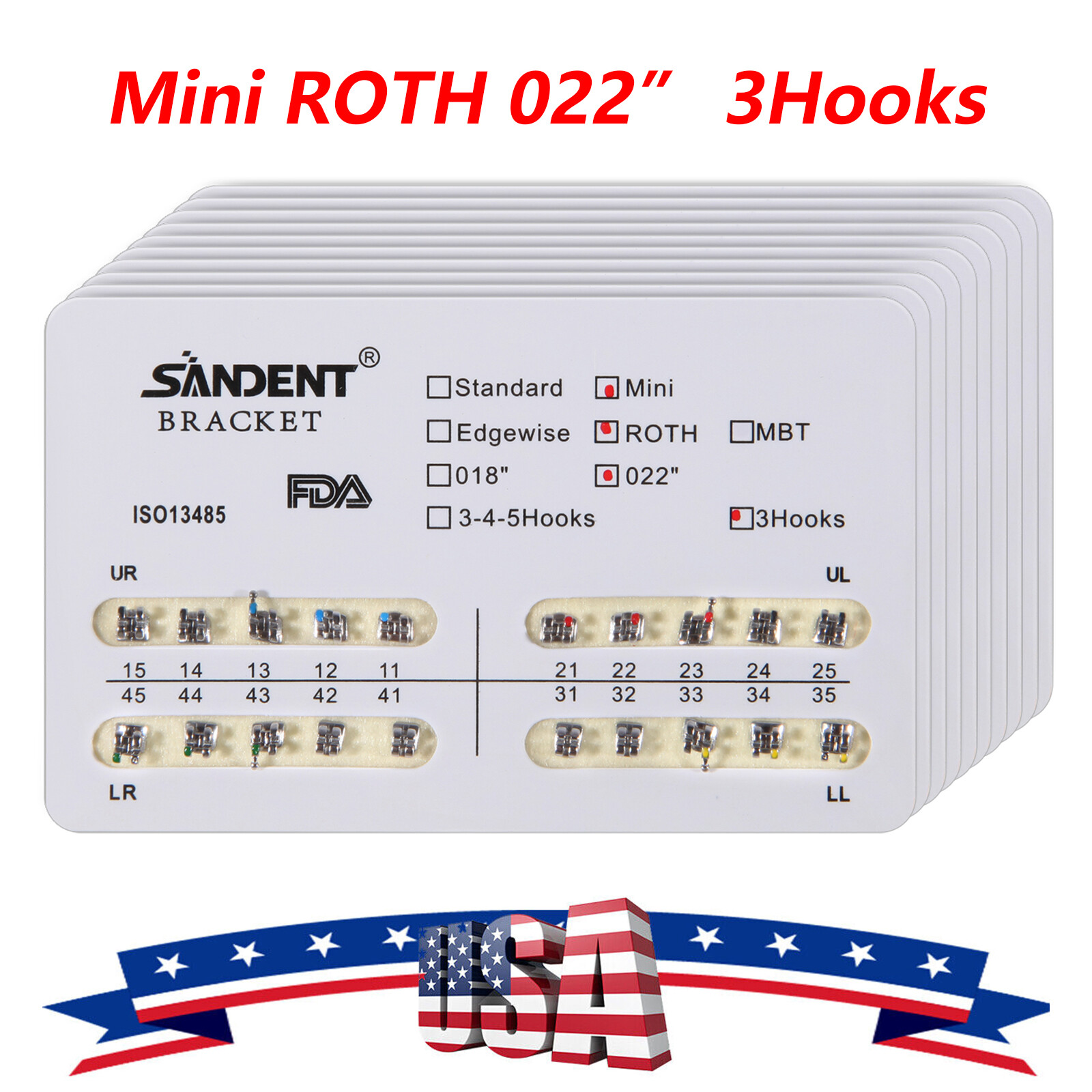 10 Packs Orthodontics Metal Mini Roth 022 Slot with 3 Hooks Brackets Braces USA