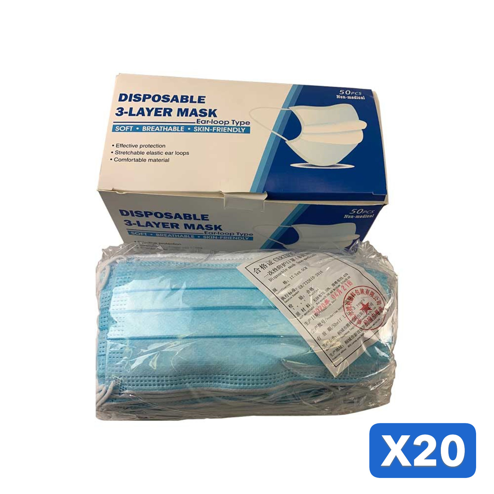 Disposable Face Mask – 3‑Layer Ear Loop Type – 1,000 Pieces – Non‑Medical – Blue