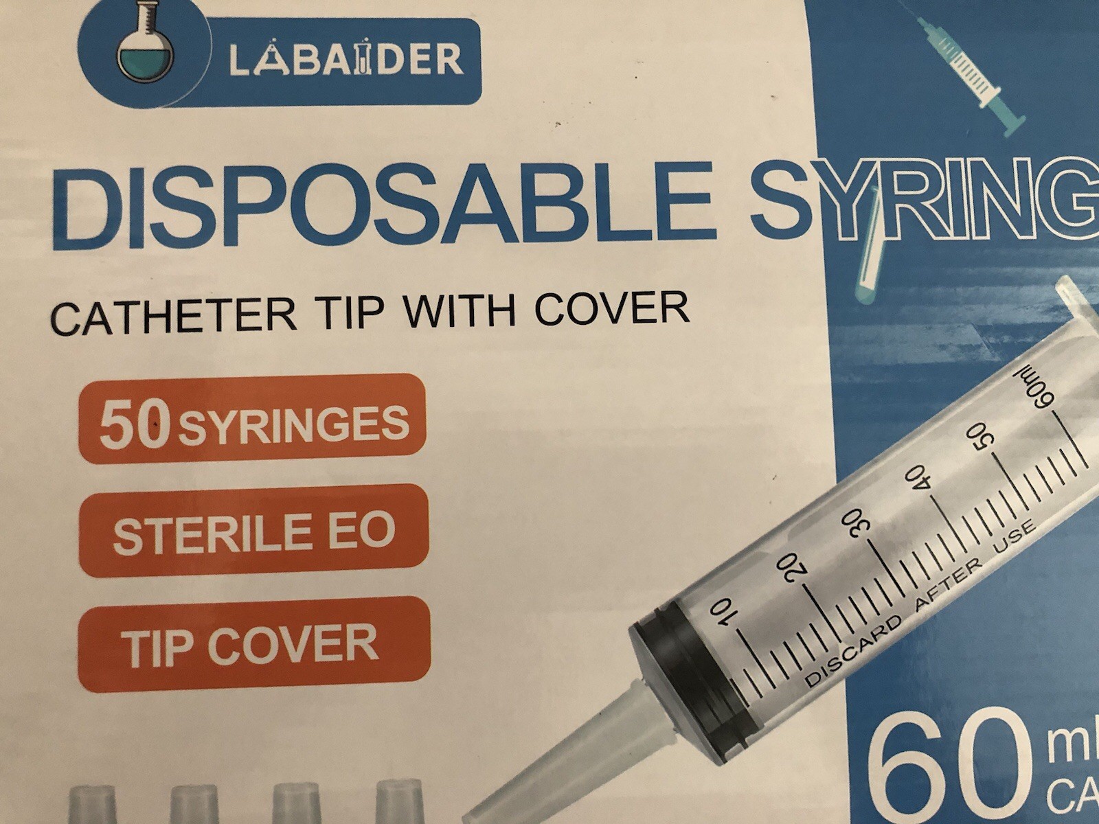 Labaider Disposable Syringes 60m Sterile EO Tip With Cover, 50 Count