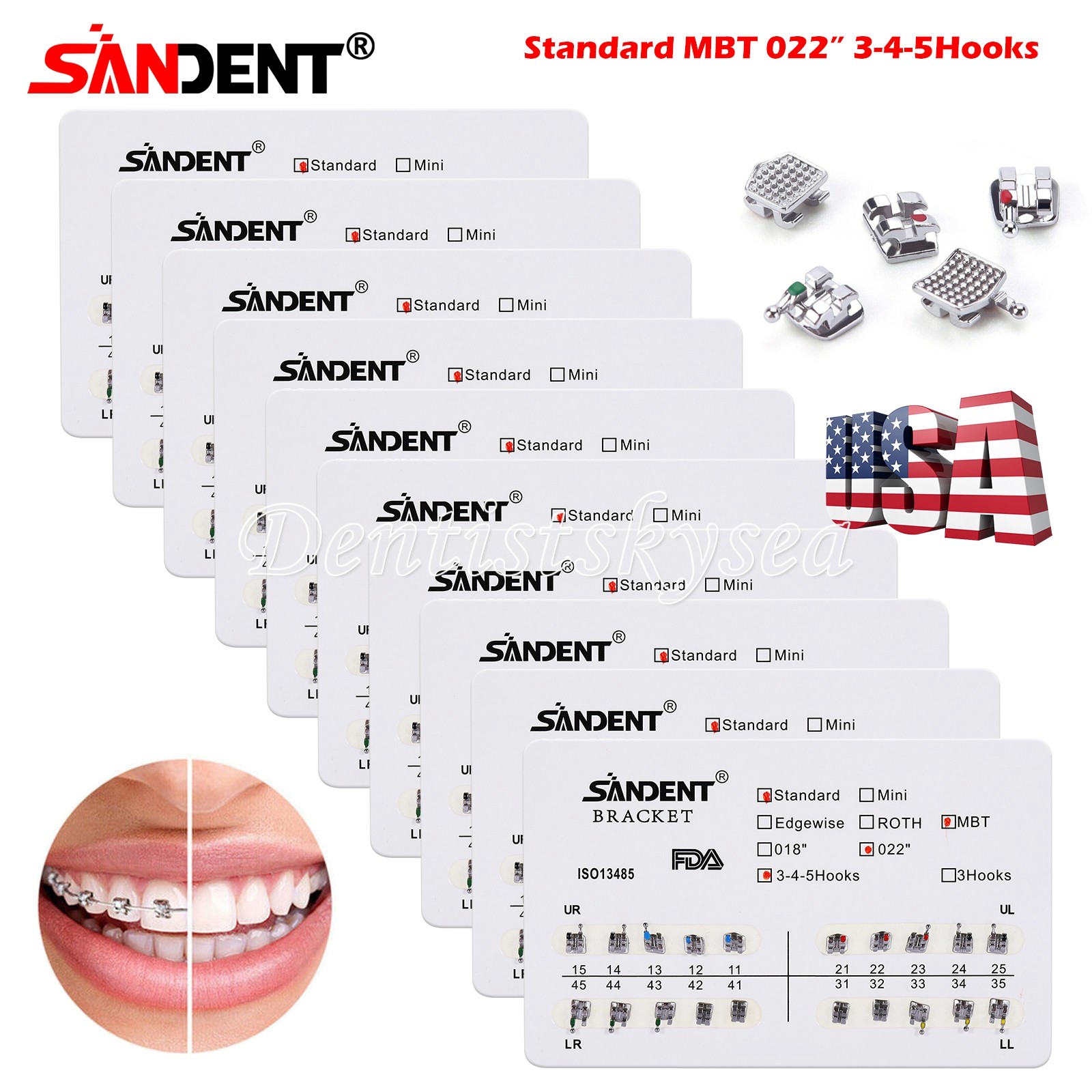 Dental Orthodontic Brackets Metal Braces Standard MBT Roth 022 Hooks 3-4-5/3 USA