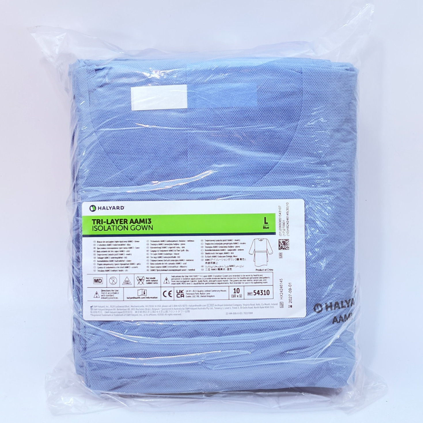 LARGE, 10 PACK – Halyard Isolation Gowns Protective AAMI Level 3 Blue Medical