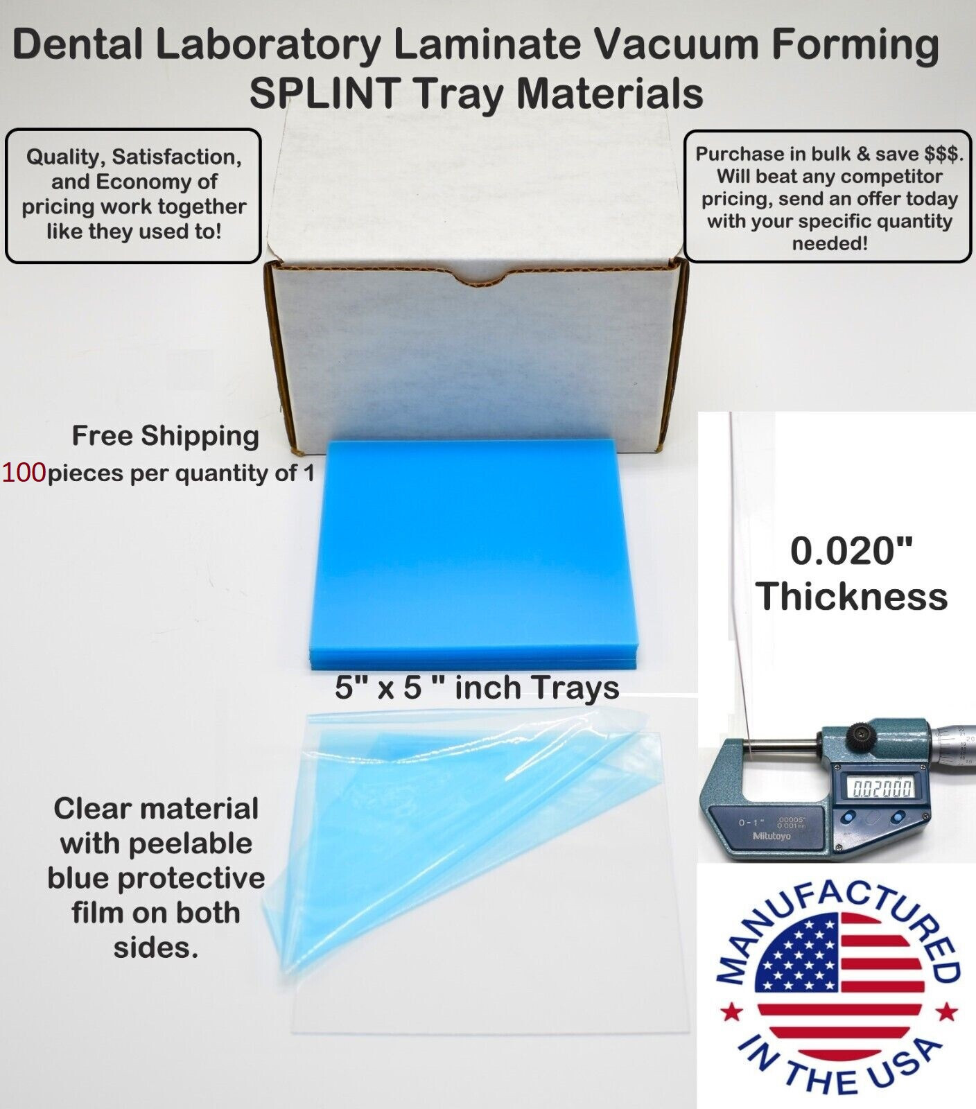 .020″ Clear SPLINT MATERIAL 5″ X 5″ 100/Pack Vacuum Forming Dental Lab