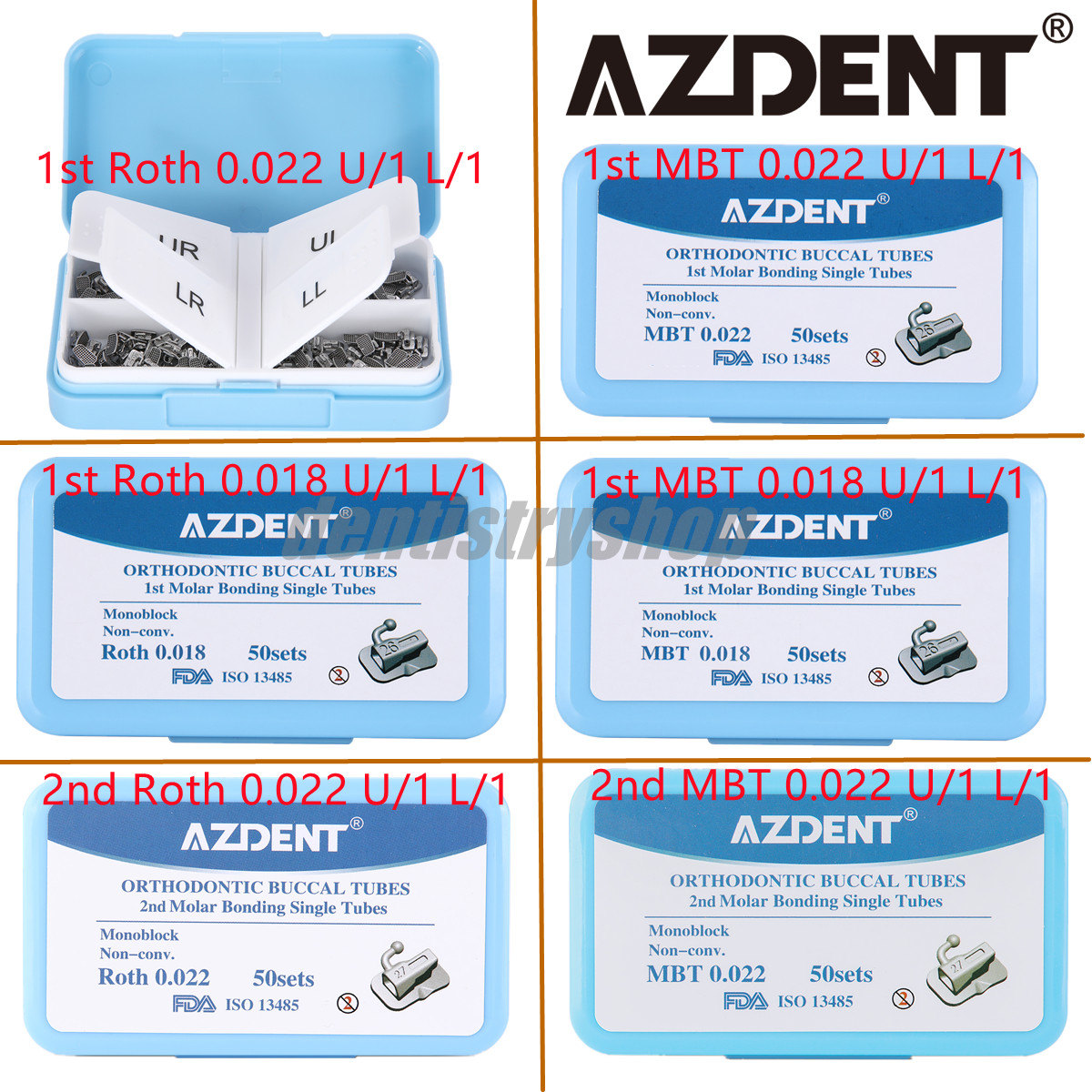 50 Set AZDENT Dental Orthodontic Buccal Tube 1st 2nd Molar Tube Roth MBT 022/018