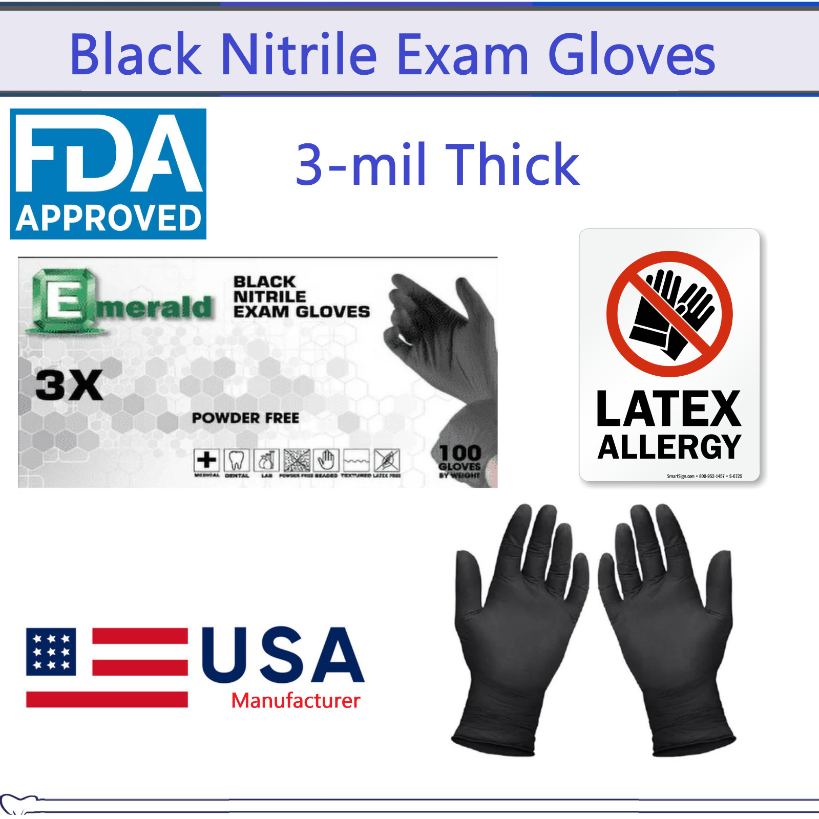 Emerald Black Nitrile Medical Gloves FDA Powder & Latex Free Disposable 3 mil