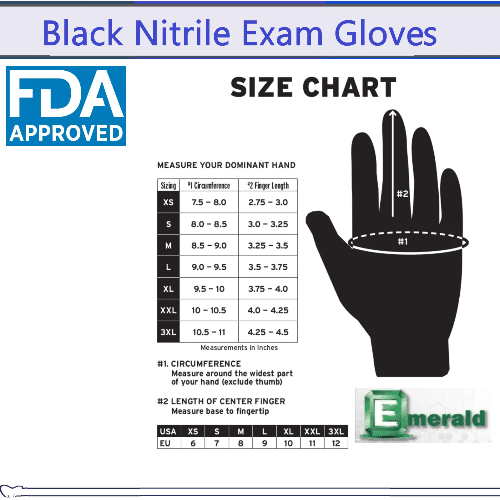 Emerald Black Nitrile Medical Gloves FDA Powder & Latex Free Disposable 3 mil