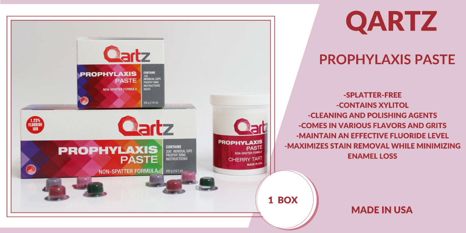 QARTZ PROPHY PASTE CUPS CHERRY X-COARSE 200/BOX DENTAL NON SPLATTER W/FLOURIDE
