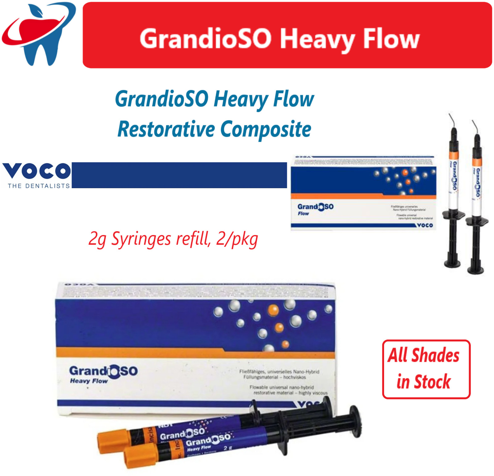 Dental GrandioSO Heavy Flow Flowable Composite A1, BL, A2, GA5, Syringe Kit 2/Pk