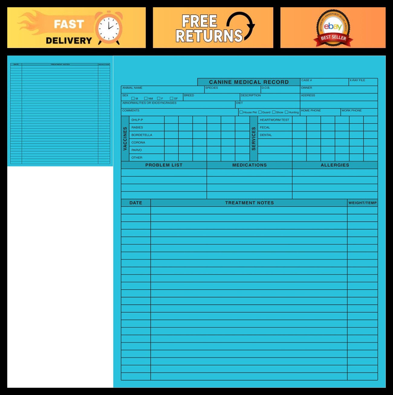 Veterinary Canine Medical Record Forms – Blue, 2-Sided, Heavyweight, 250 Pack