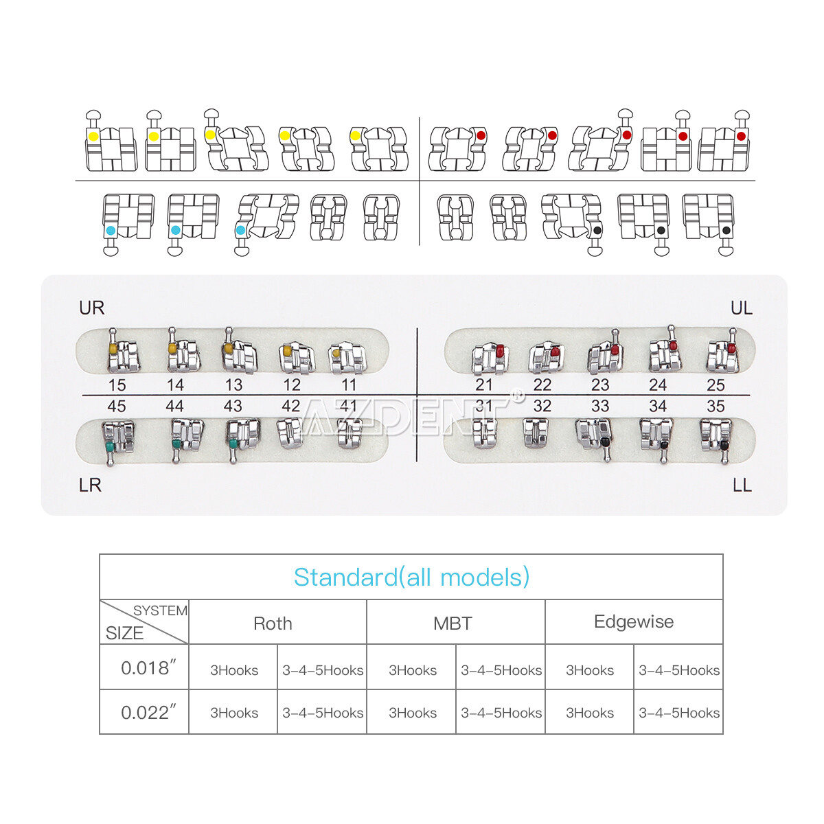 AZDENT Brackets ortodoncia dental Brace metal Estándar MBT Roth 022 Gancho 345